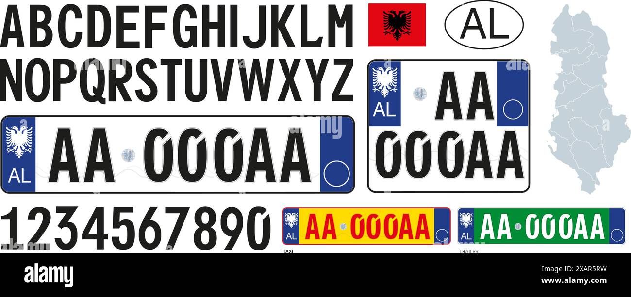 Modello della targa dell'auto Albania, lettere, numeri e simboli, illustrazione vettoriale Illustrazione Vettoriale