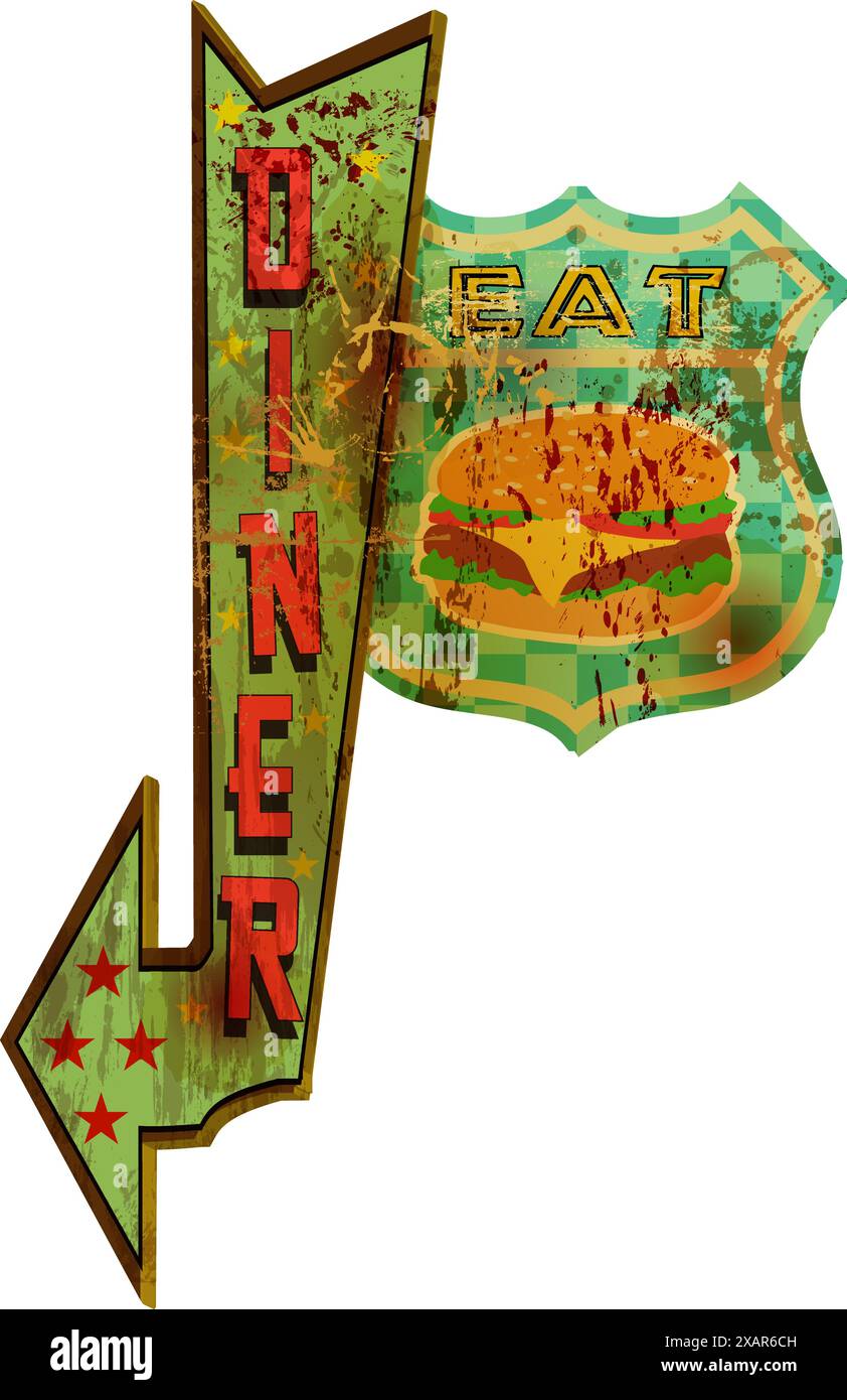 vecchio ristorante retro americano, fast food vintage sign concept, eps vettoriale usurato e resistente agli agenti atmosferici Illustrazione Vettoriale