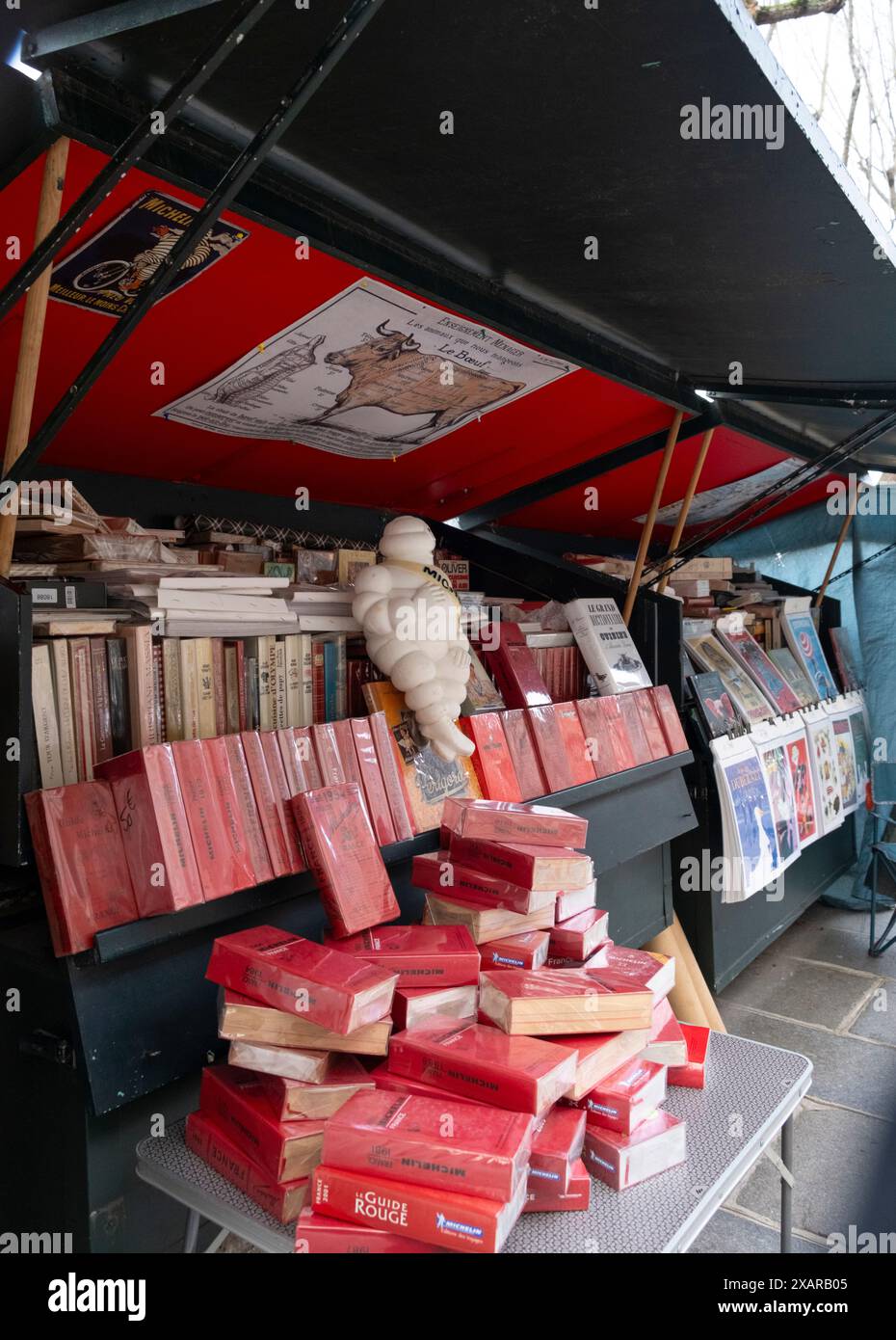 Guide Michelin in vendita presso una libreria sulla Senna a Parigi, Francia Foto Stock