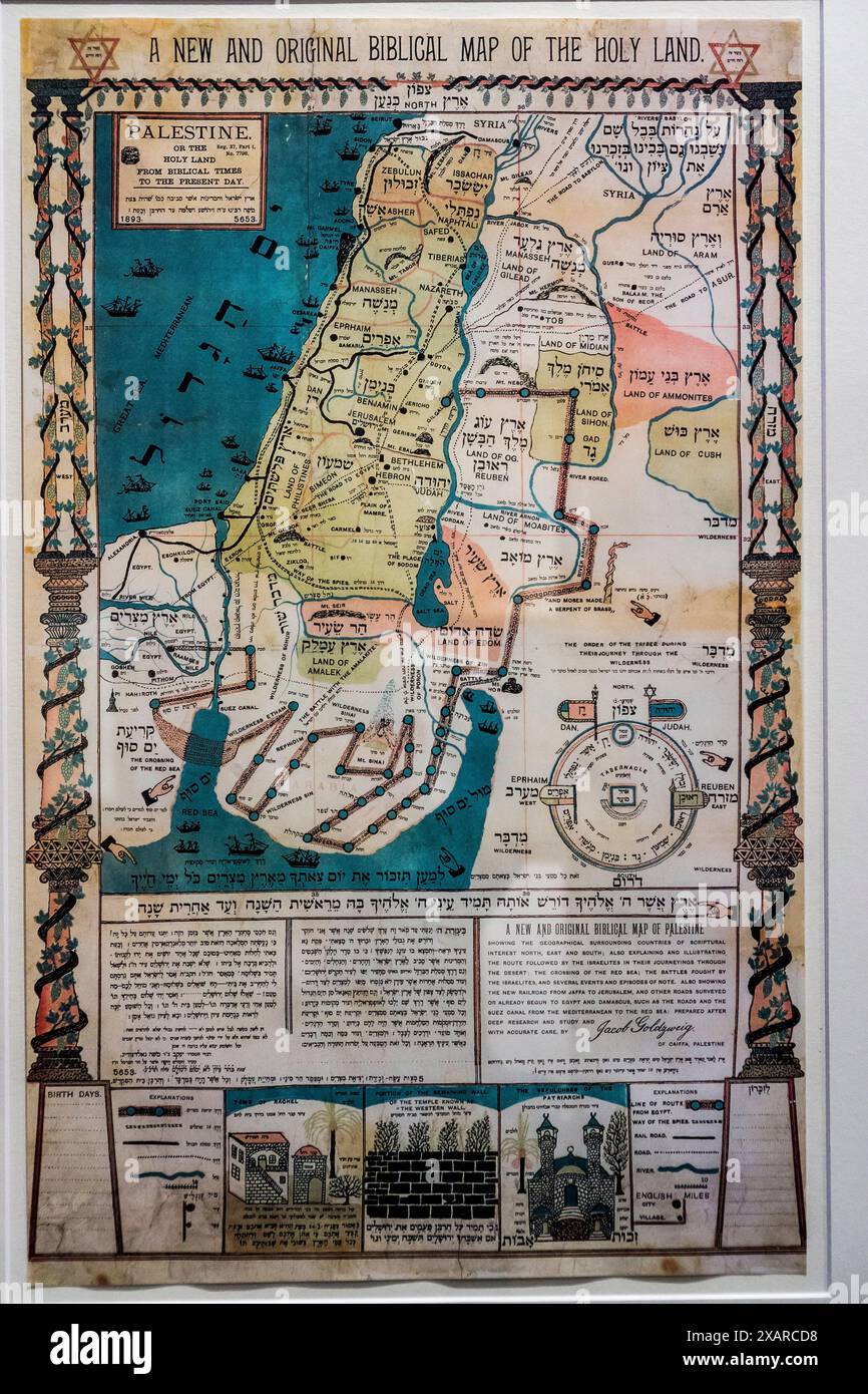 Mappa biblica, litografia di Jacob Goldzweig, 1893, Museo Ebraico di Berlino, progettato dall'architetto polacco Daniel Libeskinds , Berlino, Germania, Europa. Foto Stock