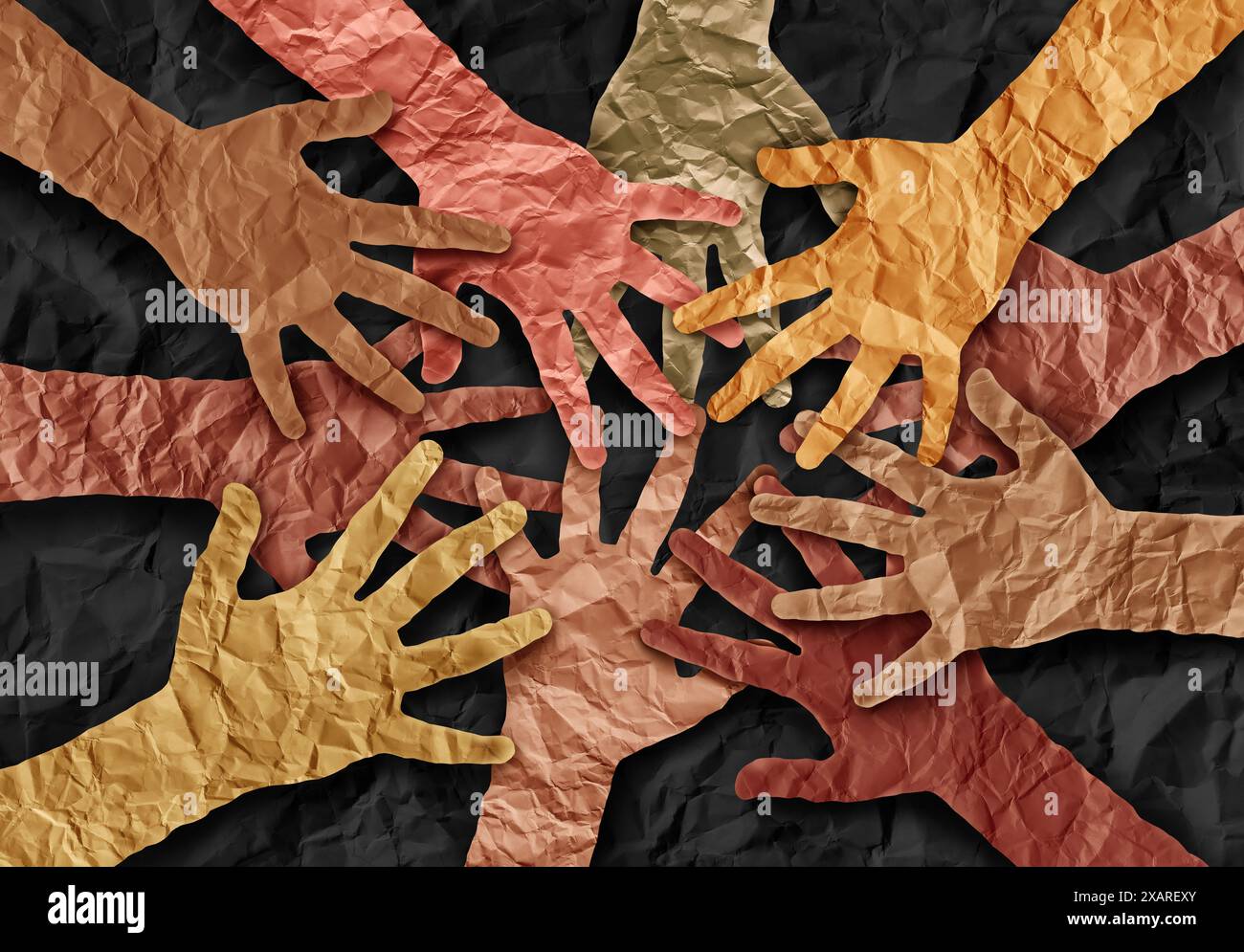 Inclusione equità e unità culturale come celebrazione della cultura della giornata mondiale e reclutare il concetto di appartenenza come una comunità diversificata di mani in arrivo togeth Foto Stock