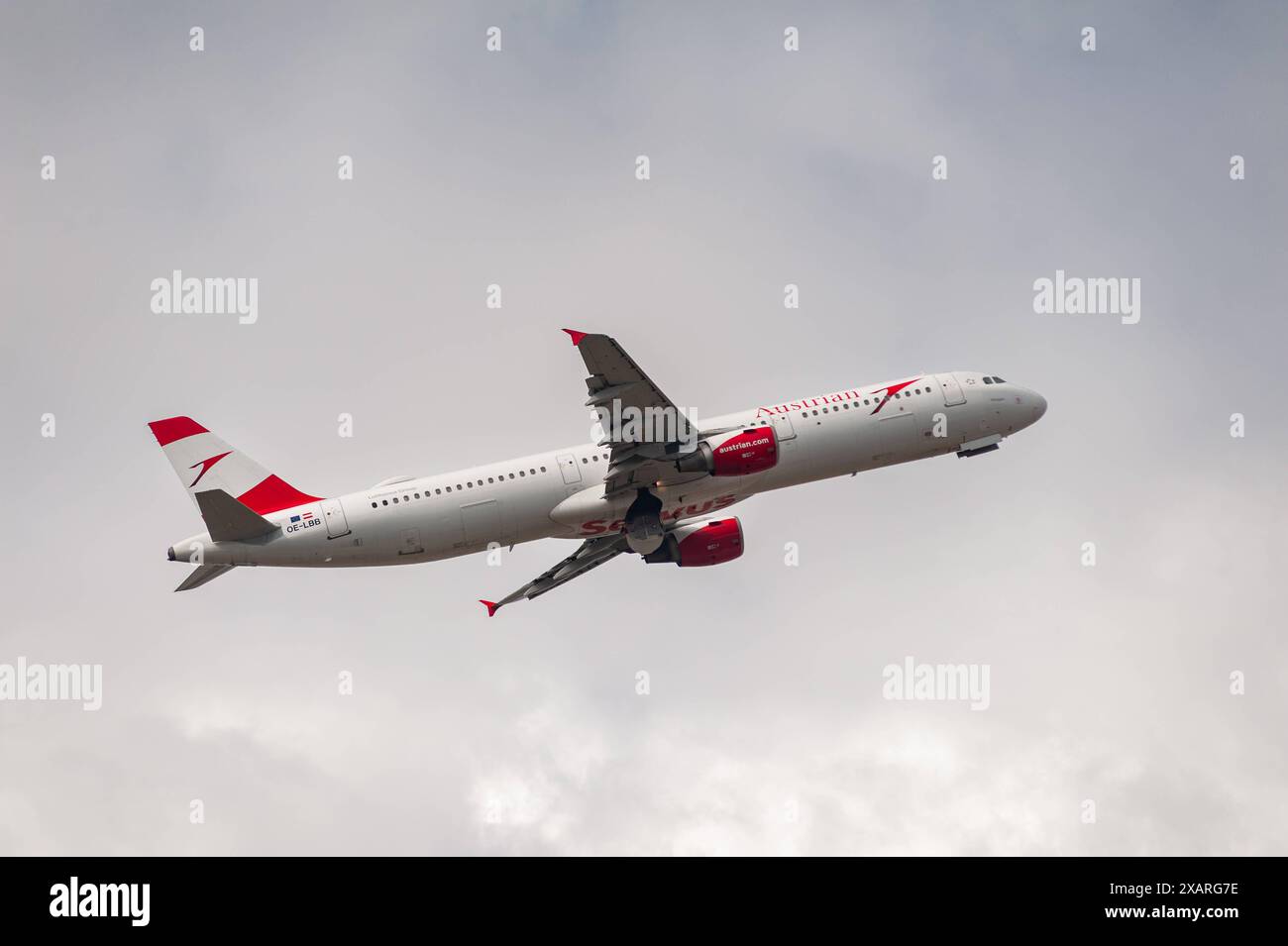 30.08.2022, Berlino, Deutschland, Europa - Ein Passagierflugzeug vom Typ Airbus A321-111 der Austrian Airlines mit der Registrierung OE-LBB beim Start vom Flughafen Berlin Brandenburg BER. Austrian ist Teil der Lufthansa Group und Mitglied der Star Alliance Luftfahrtallianz, einem internationalen Netzwerk von Fluggesellschaften. *** 30 08 2022, Berlino, Germania, Europa un aeromobile passeggeri Airbus A321 111 dell'Austrian Airlines registrato OE LBB decollo dall'aeroporto BER di Berlino Brandeburgo austriaco fa parte del gruppo Lufthansa e membro dell'alleanza aerea Star Alliance, un'organizzazione internazionale Foto Stock