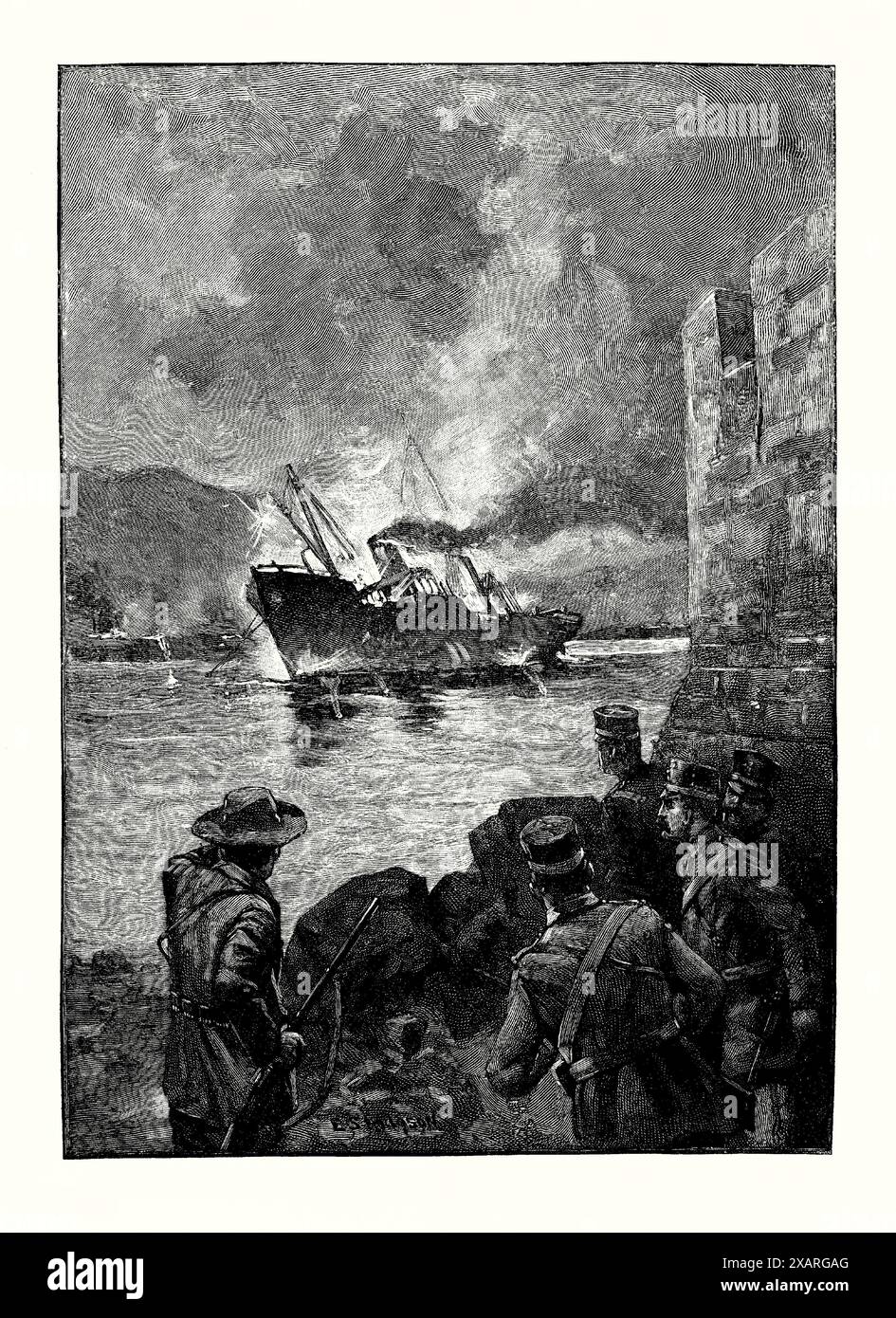 Una vecchia incisione dell'affondamento della USS Merrimac il 2 giugno 1898 nel porto di Santiago de Cuba, Cuba. È tratto da un libro di storia vittoriana del 1900 circa. La USS Merrimac era una nave a vapore da carico costruita nel 1894 in Inghilterra come «Solveig» per i proprietari norvegesi e rinominata «Merrimac» quando un armatore statunitense la acquistò nel 1897. Nel 1898 la Merrimac entrò nella Marina degli Stati Uniti come collier per la guerra ispano-americana. Le navi della Marina spagnola la affondarono quando tentò di intrappolarli nel porto di Santiago de Cuba. Fu l'unica nave americana che la Marina spagnola fu affondata in quella guerra. Foto Stock