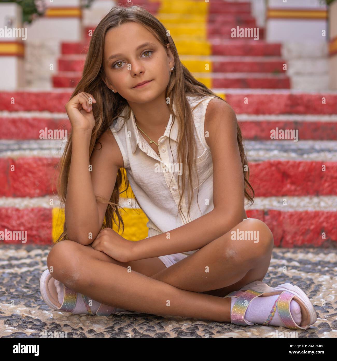 Questa immagine cattura una bella ragazza con lunghi capelli biondi mentre si attorciglia e posa su una scala. Foto Stock