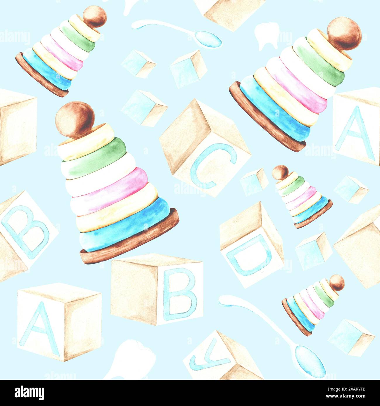 Giocattoli per bambini, motivo acquerello senza cuciture su sfondo blu. Foto Stock