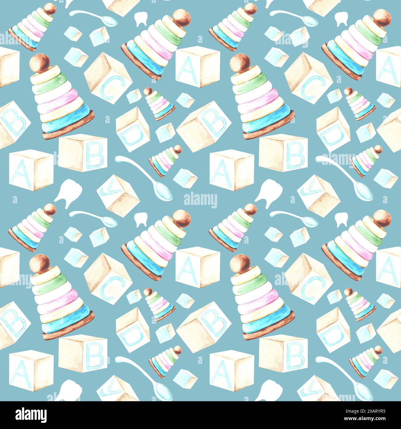 Giocattoli per bambini, motivo acquerello senza cuciture su sfondo grigio-blu Foto Stock