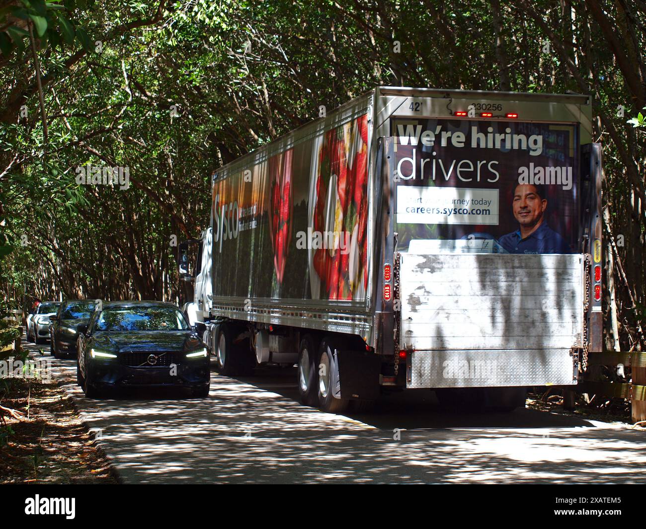 Miami, Florida, Stati Uniti - 13 aprile 2024: Furgone con cartello indicante l'assunzione di conducenti nella stretta strada di Matheson Hammock Park. Solo per noi editoriali Foto Stock
