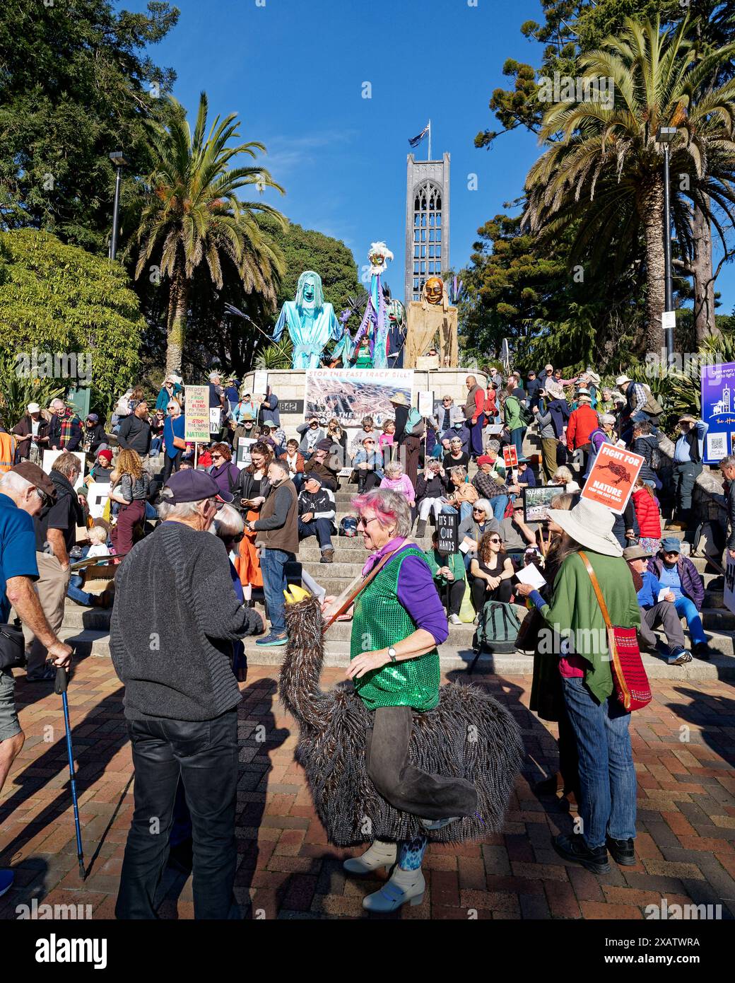 Nelson, isola sud, Aotearoa / nuova Zelanda - 8 giugno 2024: Centinaia di manifestanti si sono riuniti sui gradini della Chiesa di Nelson per protestare contro la Fast-Track Approv Foto Stock