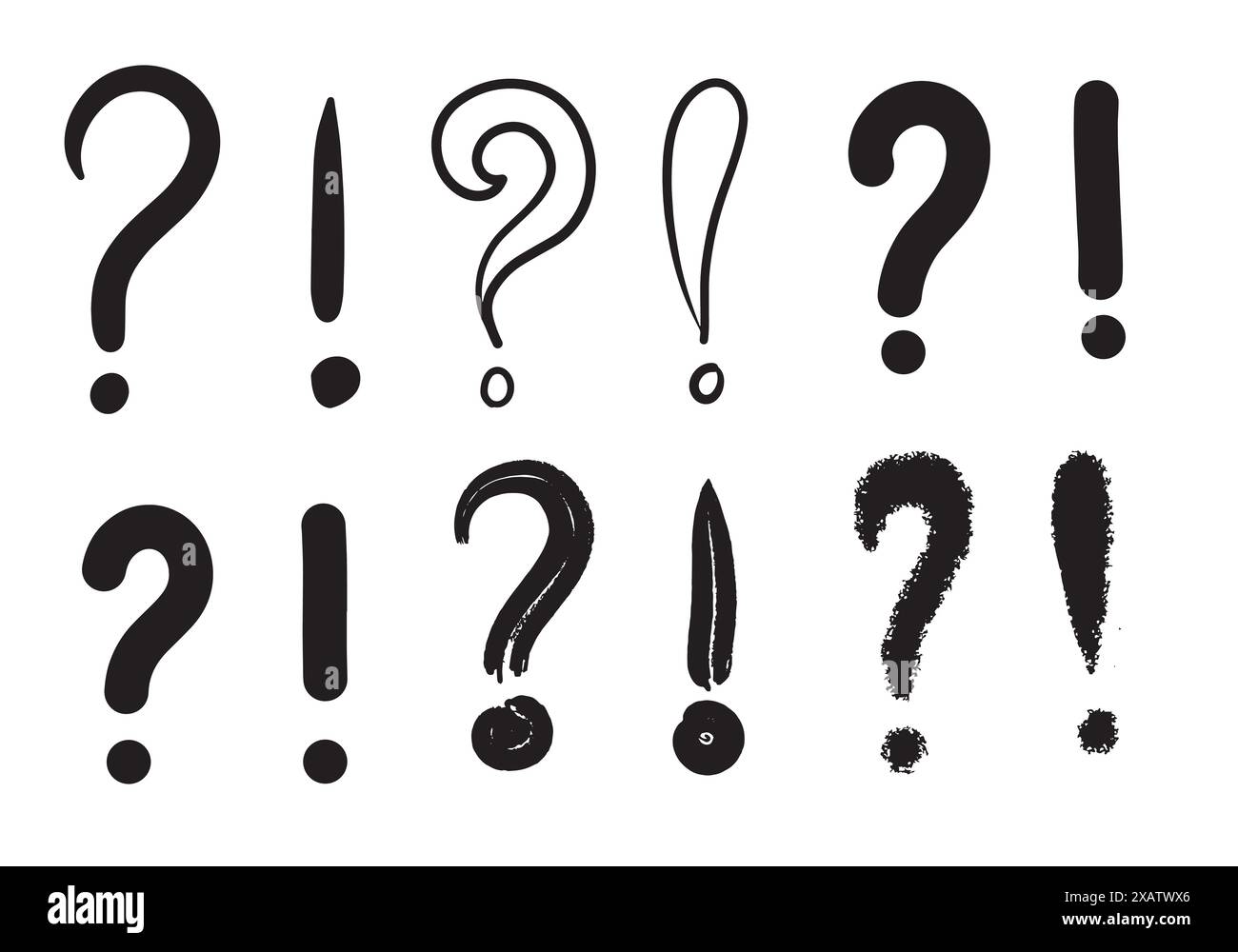 Immagine del punto interrogativo e dell'icona del punto esclamativo in stile doodle su sfondo bianco. Illustrazione Vettoriale