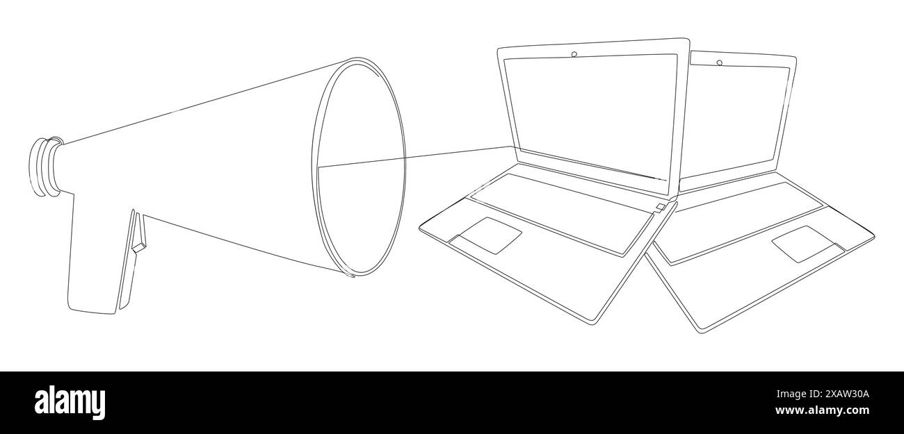 Una linea continua di notebook con megafono. Concetto del vettore dell'illustrazione a linee sottili. Idee creative per il disegno dei contorni. Illustrazione Vettoriale