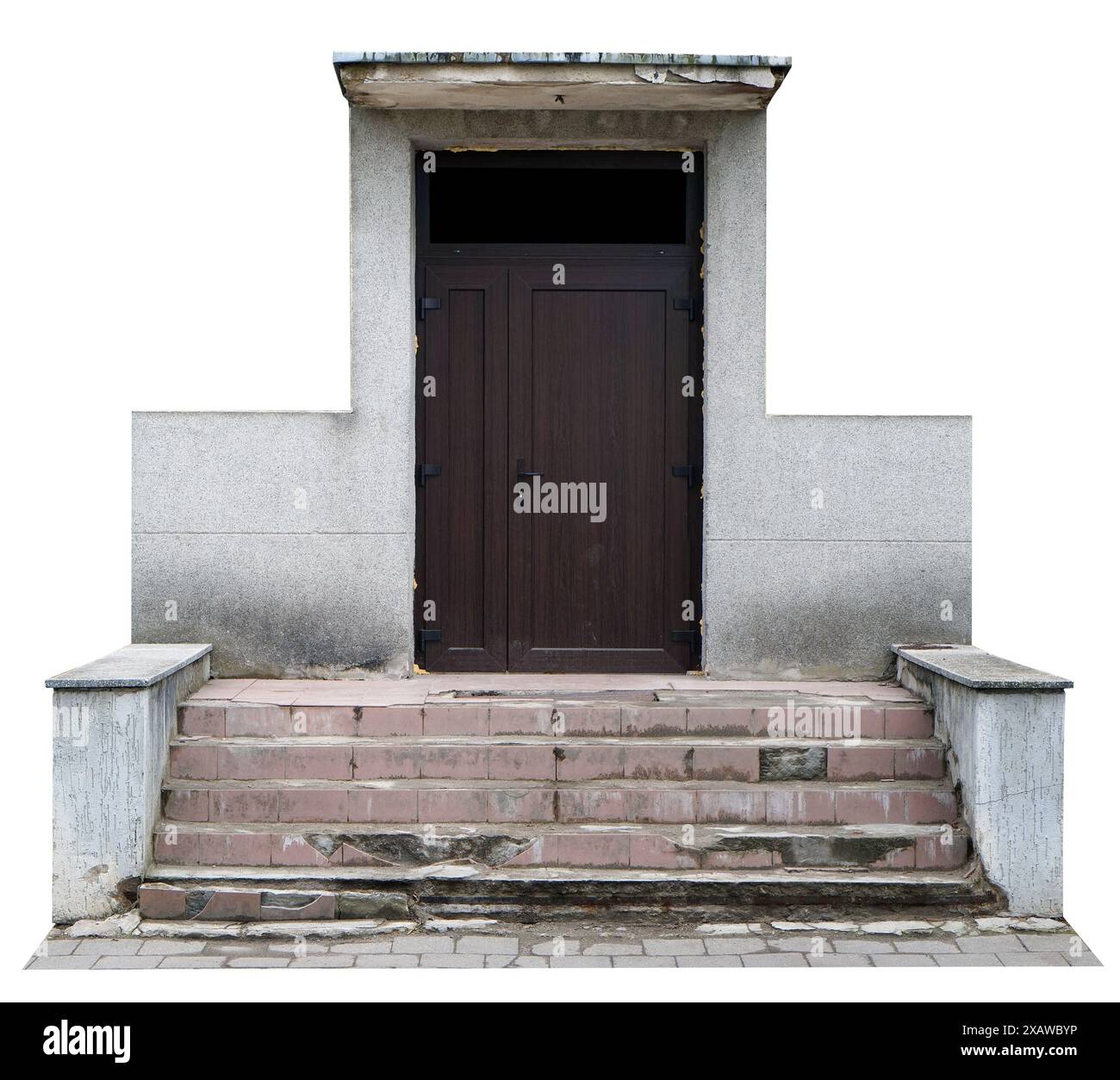 Vecchio portico in pietra distrutto e nuova porta in acciaio. Isolato su bianco Foto Stock