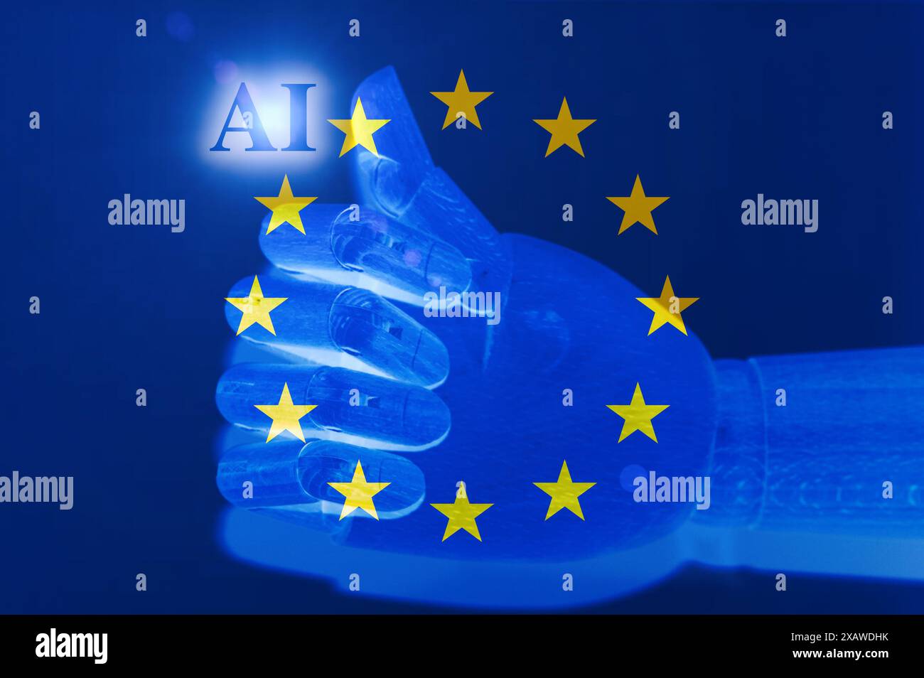 Simbolo di regolazione AI. Parole concettuali ai intelligenza artificiale regolazione robot mano . Business ai concetto di regolamentazione dell'intelligenza artificiale in Europ Foto Stock