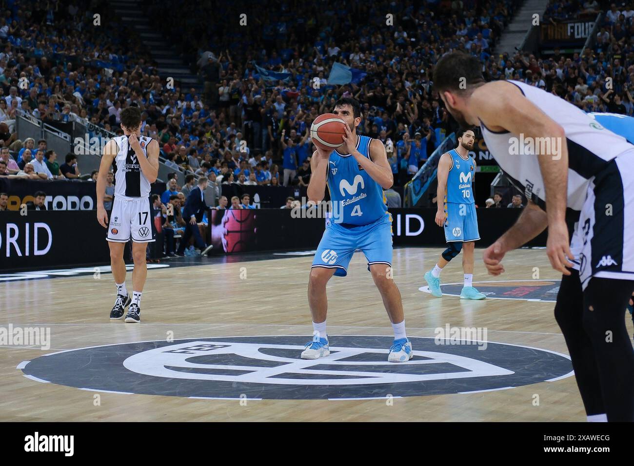 Movistar Estudiantes giocatore in azione durante Final Four LEB Oro 2024 match tra Movistar Estudiantes e Burgos alla MadridArena 8 giugno 2024 a Madr Foto Stock