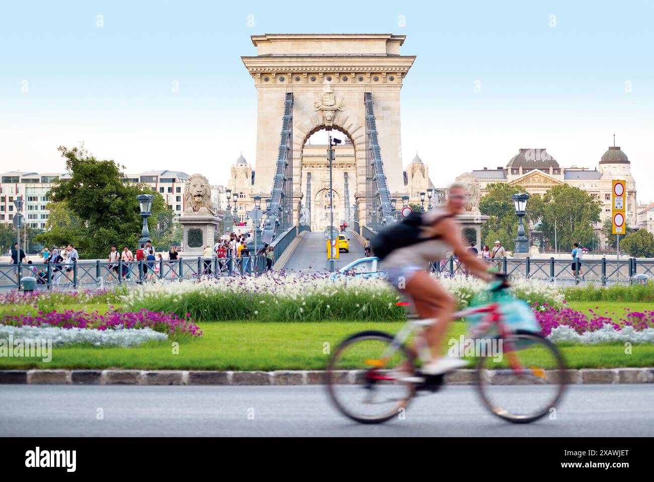 Vista frontale del ponte a catena con ciclista in movimento Foto Stock