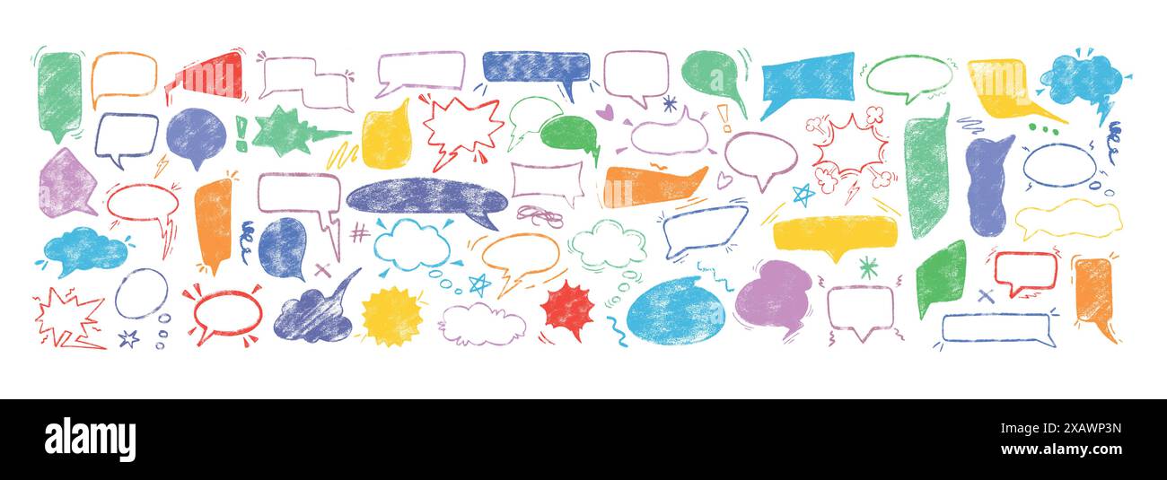 Bolle di voce disegnate a mano in forme diverse. Cornici colorate a forma di gesso per chat e commenti. Finestra di dialogo pastello, casella di pensiero per disegnare a doodle a colori. Grunge testo fumettistico, caselle di conversazione Illustrazione Vettoriale
