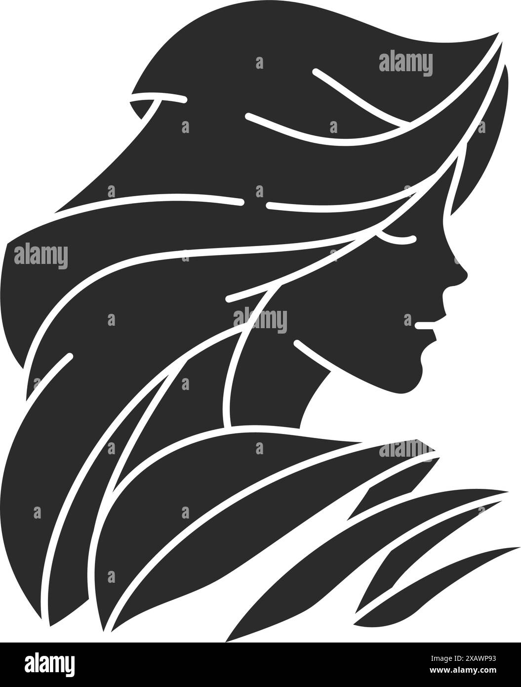 Immagine vettoriale della silhouette del viso di donna con i capelli. Boho Magic Drawing femminile per poster e logo mistico, decorazioni o stampe alla moda. Illustrazione Vettoriale