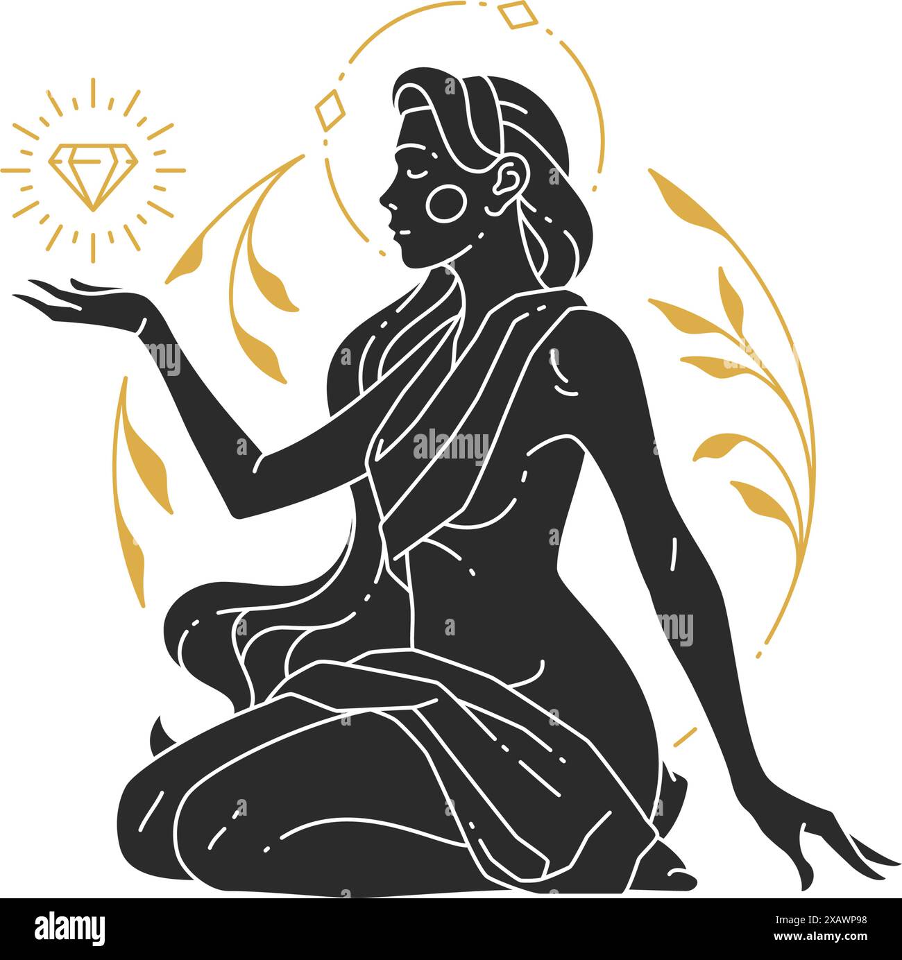 Splendida donna bohémien con decorazioni floreali e silhouette in pietra preziosa. Illustrazione vettoriale femminile boho per il modello di stampa poster wall art. Le donne magiche co Illustrazione Vettoriale