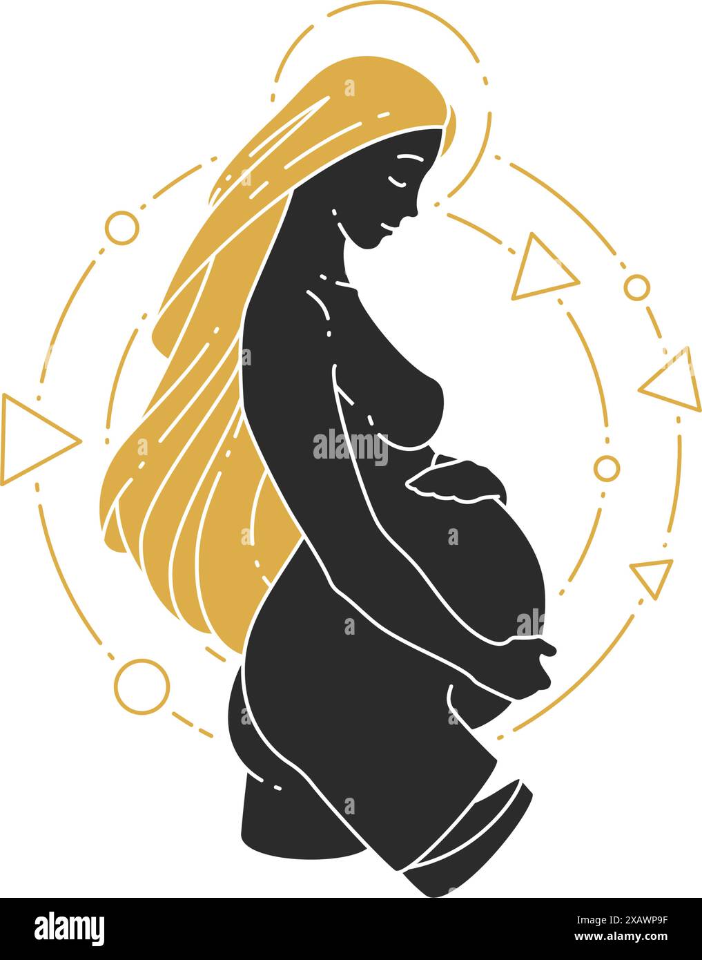 Immagine vettoriale di una donna incinta che abbraccia la silhouette del ventre. Boho donna incinta disegno per poster e logo madre decorazione emblema o. Illustrazione Vettoriale