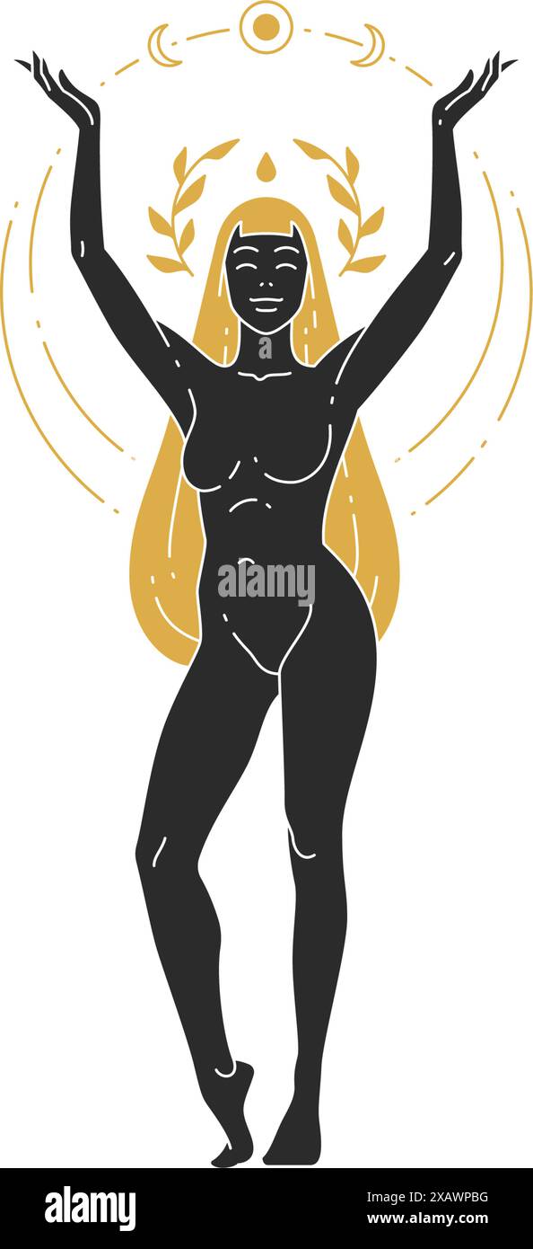 Splendida donna bohémien con una silhouette floreale a corona. Illustrazione vettoriale femminile boho per il modello di stampa poster wall art. Magic Women Concept design Illustrazione Vettoriale