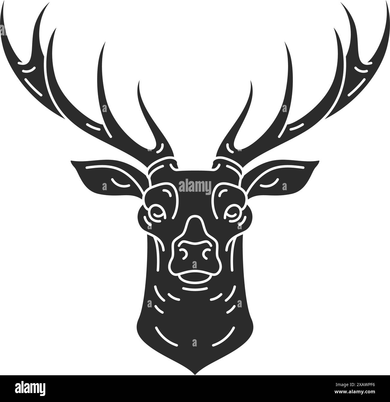Testa di cervo con trombe sagoma disegnata a mano illustrazione vettoriale. Disegno Antler per poster e logo da caccia, decorazioni con emblema o stampe alla moda. Illustrazione Vettoriale
