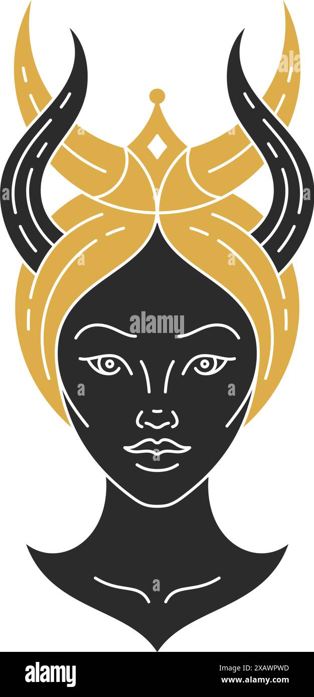 Ritratto femminile magico ed elegante con illustrazione vettoriale con silhouette a mezzaluna. Disegno facciale femminile boho per il modello di stampa poster wall art. Concetto mistico Illustrazione Vettoriale