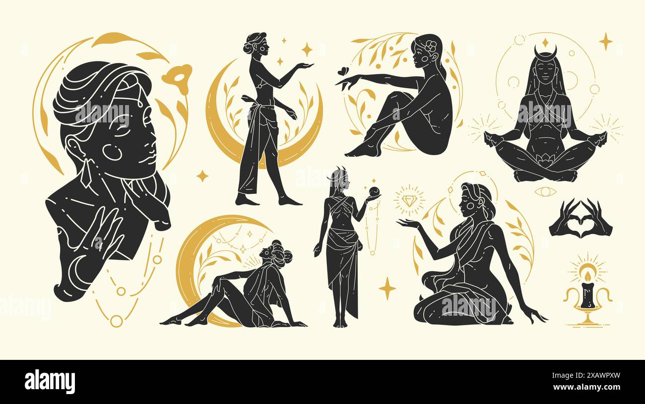 Le illustrazioni vettoriali di donne femminili graziose e i simboli esoterici. Elementi di design misteriosi e stregonici per la moda Illustrazione Vettoriale
