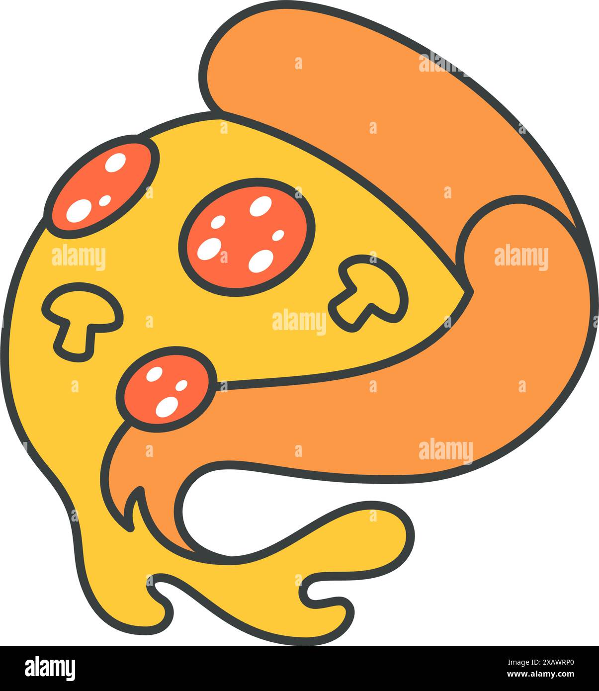 Pizza ricurva pezzo con fondente salsiccia di formaggio e funghi groovy pop art vettore illustrazione cartoon. Stuzzichini fast food a forma di fetta di triangolo com Illustrazione Vettoriale