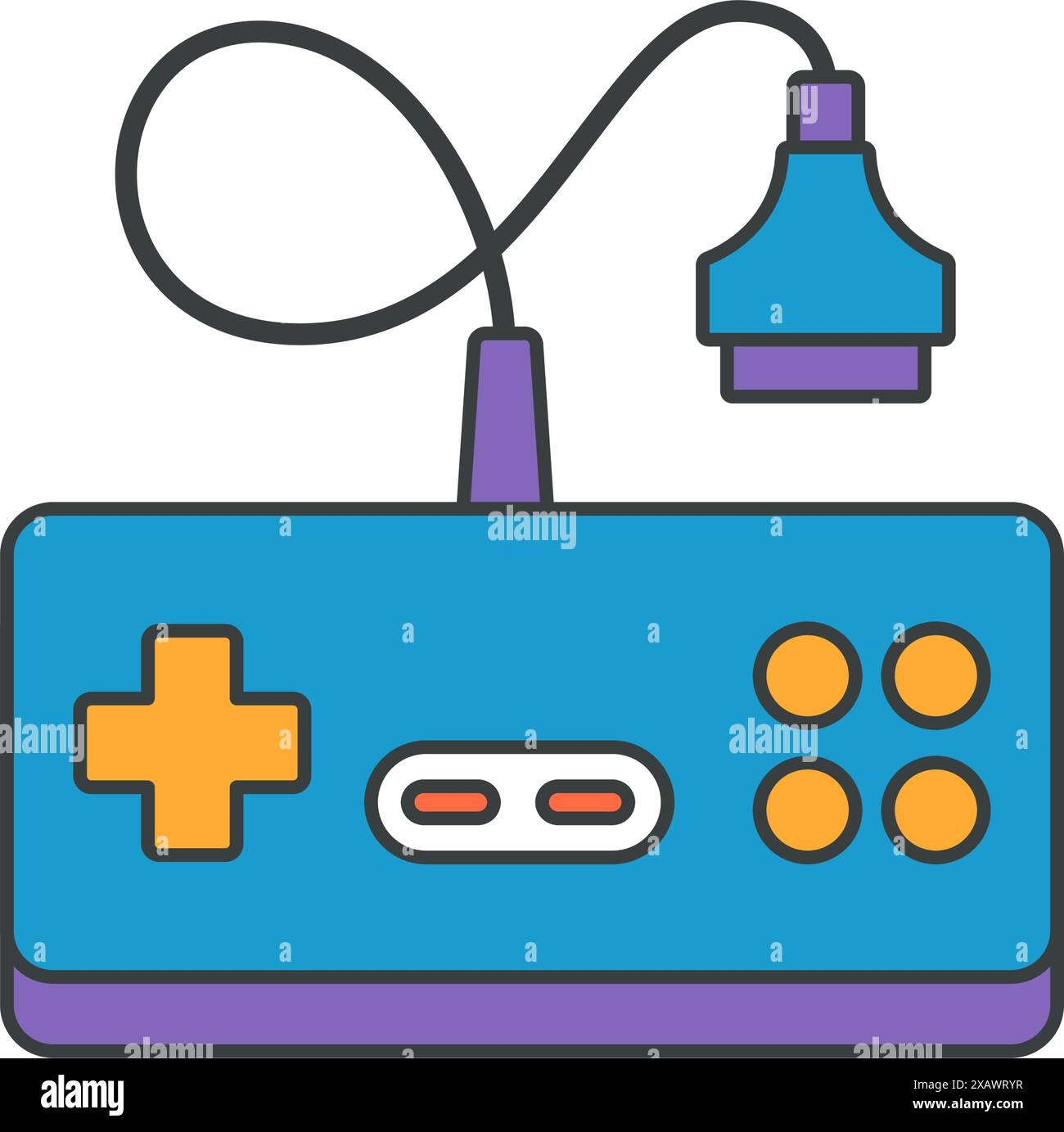 Vintage video game console joystick con filo e pulsanti vista dall'alto pop art decorative design vettoriale illustrazione cartoon. Giocattolo elettronico retro gamepad Illustrazione Vettoriale