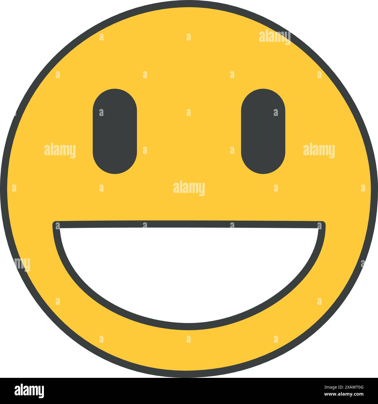 Personaggio giallo sorridente t shirt stampa groovy stile vettoriale illustrazione piatta. Felice sorriso comico espressione del volto gioia bocca sorriso isolato sopra Illustrazione Vettoriale