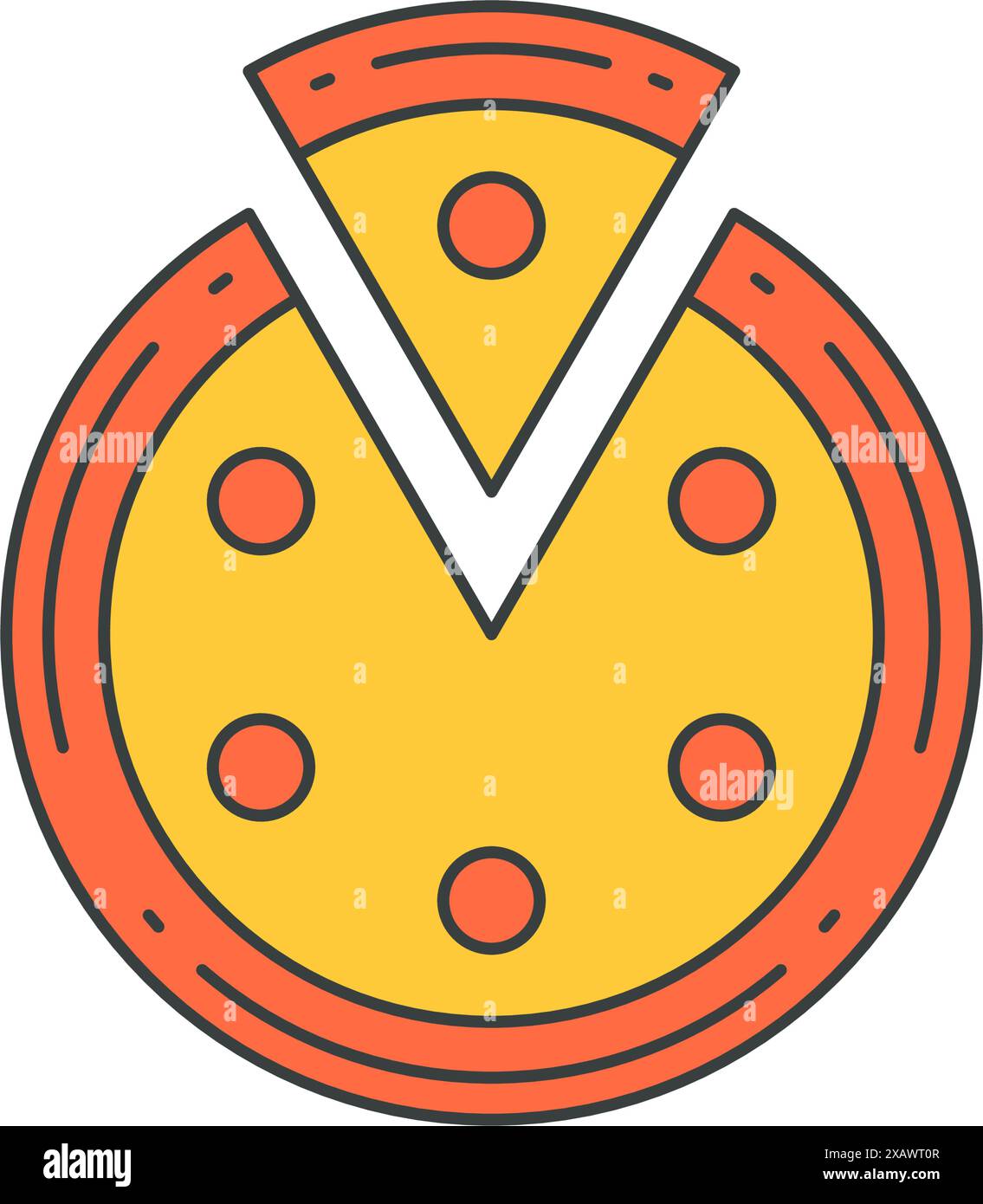 Pizza circolare con taglio triangolo fetta dall'alto vista pop art grovy t shirt stampa vettoriale cartoon illustrazione. Fast food con contorni appetitosi e formaggio Illustrazione Vettoriale
