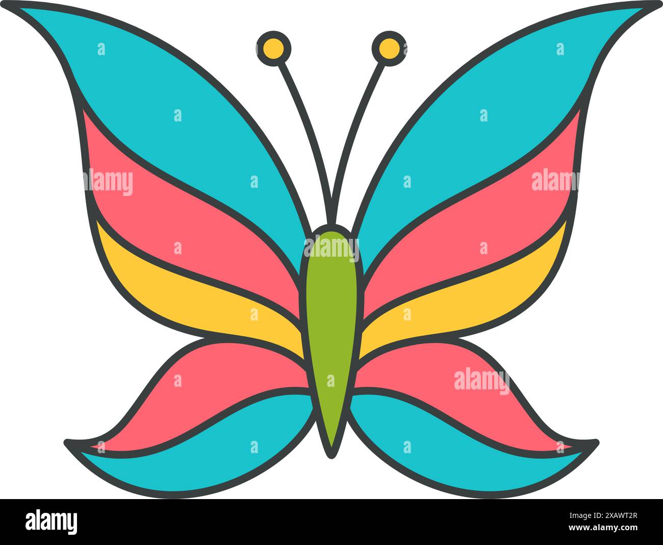 Vintage rainbow farfalla multicolore insetto alare con antenne pop art stile decorativo design vettoriale illustrazione cartoon. Retro bug natura selvaggia Illustrazione Vettoriale