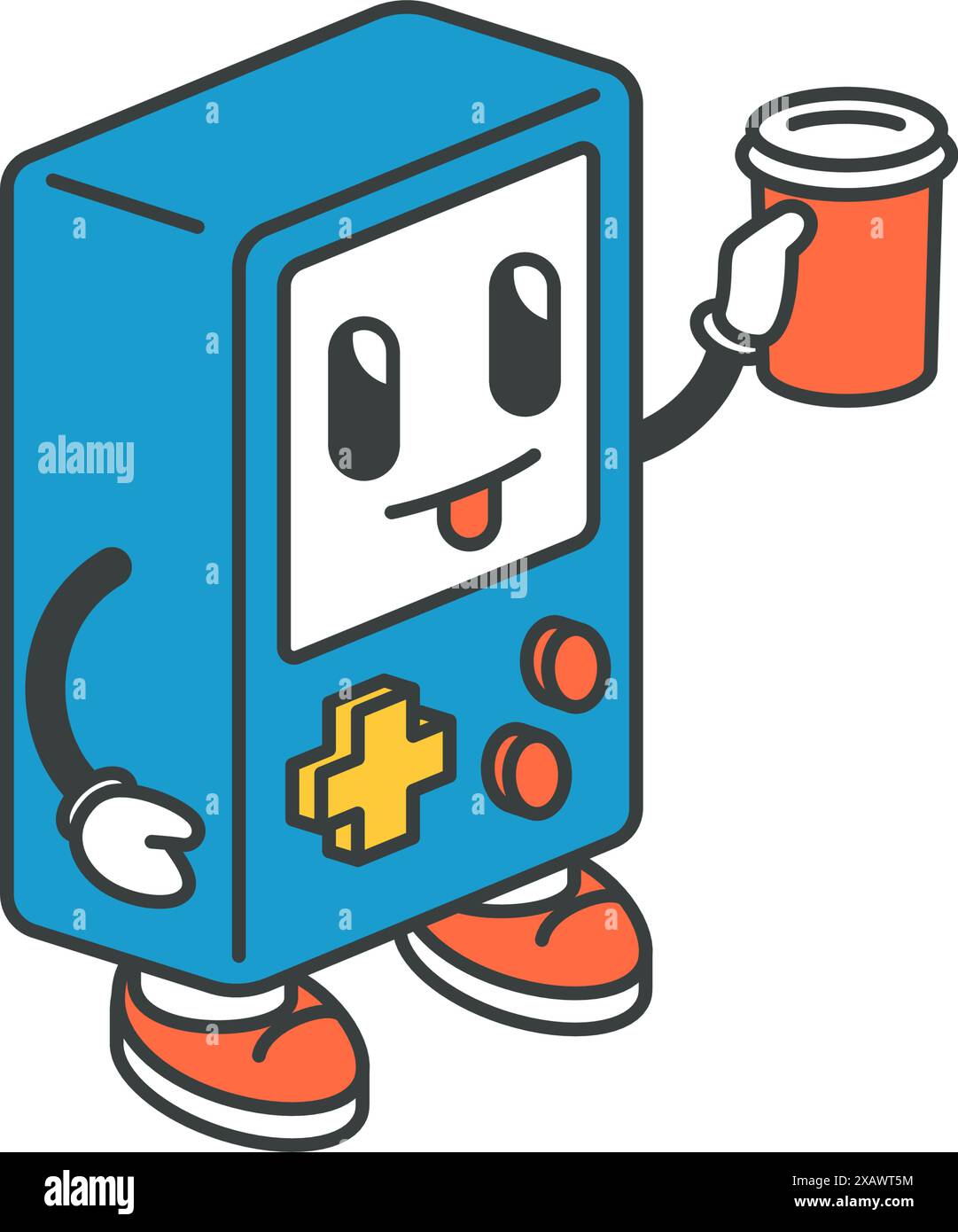 Vintage Tetris carattere dye bottiglia isometrico pop art illustrazione cartoon. Retro gioco elettronico video console di gioco con viso sorridente emo positivo Illustrazione Vettoriale