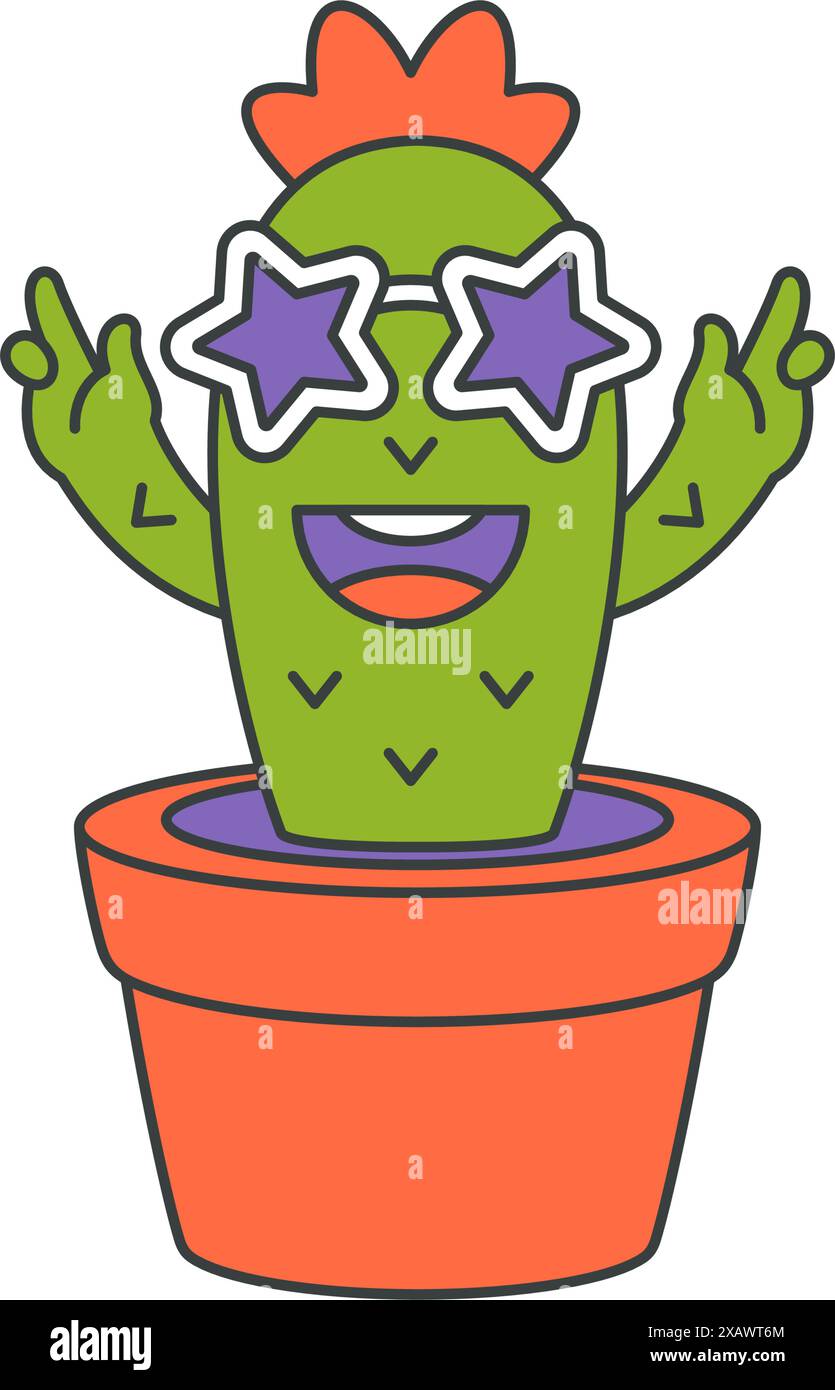 Hipster personaggio cactus verde in occhiali da sole con le mani ondeggianti che crescono in pot pop art groovy adesivo vettore illustrazione cartoon. Hippie sorridente potte Illustrazione Vettoriale