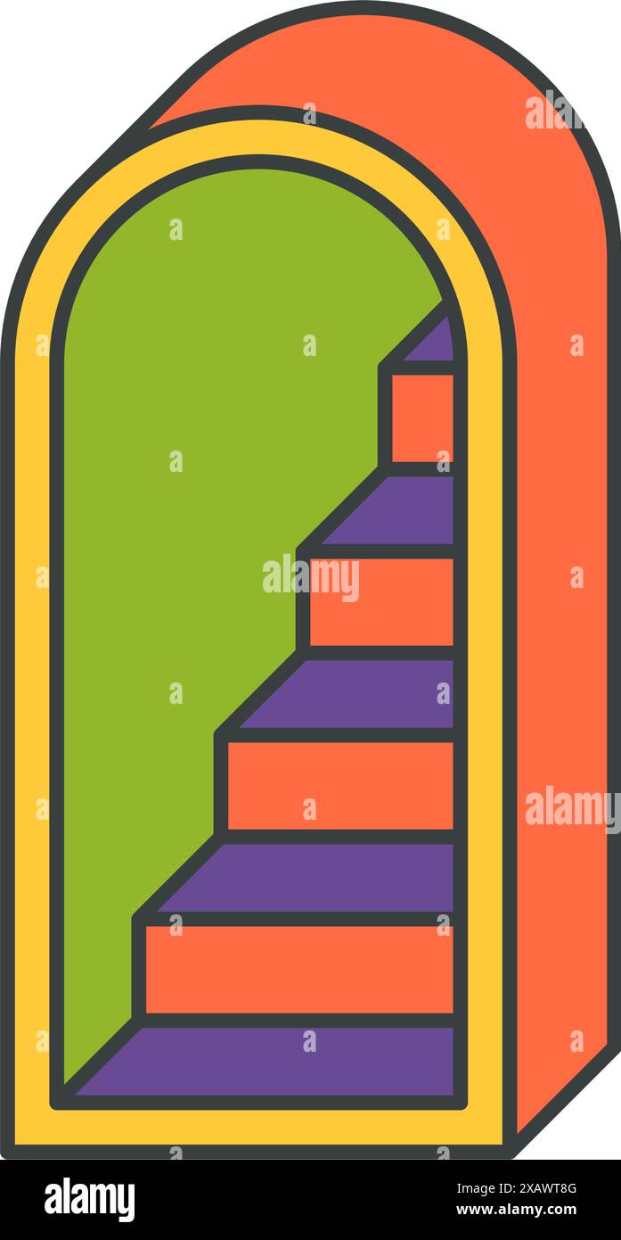 Ingresso ad arco in galleria astratto con scale multicolore pop art isometrico vettoriale illustrazione cartoon. Scala aperta successo passo modo grovy t shirt p Illustrazione Vettoriale