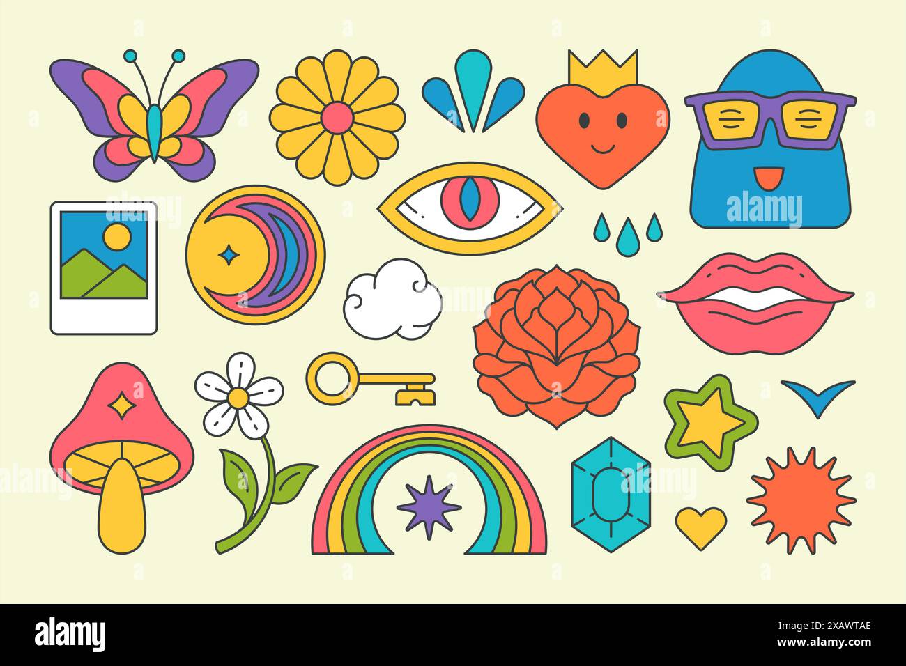 Collezione Psyichedelic contoured elements pop art groovy decorative stickers vettoriale illustrazione cartoon. Set arco arcobaleno luminoso, farfalla, camomilla Illustrazione Vettoriale