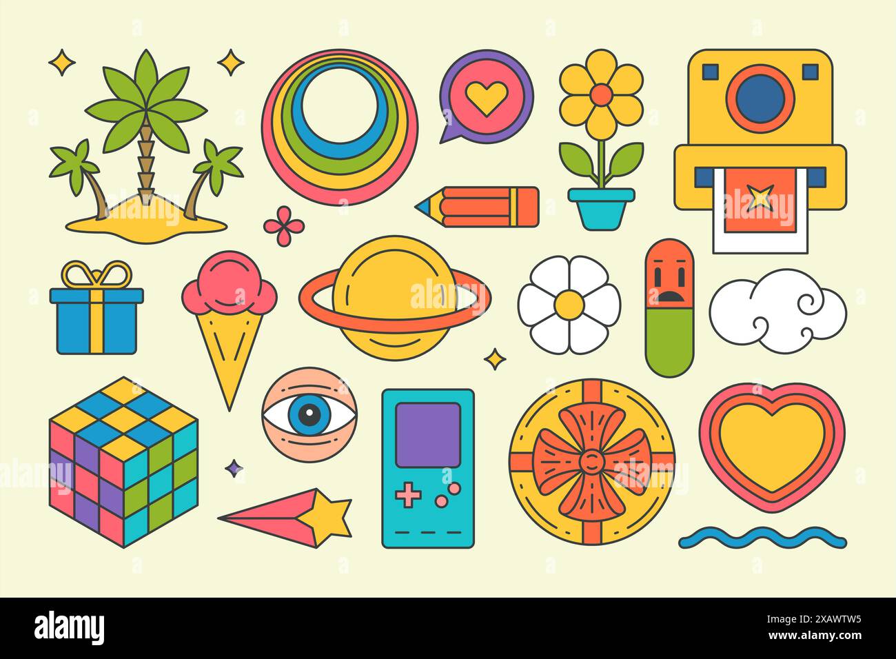 Collezione groovy Elements Island palme, cerchio arcobaleno, pile di adesivi psichedelici immagine vettoriale cartoon. Set pop art matita, fiore in pentola Illustrazione Vettoriale