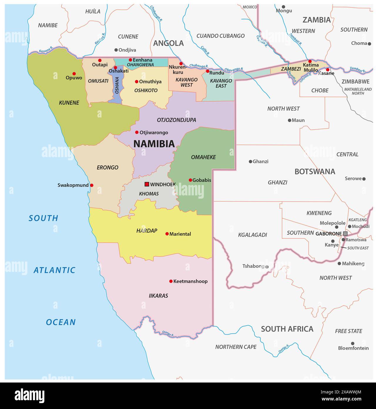 Mappa delle divisioni amministrative della Namibia Foto Stock