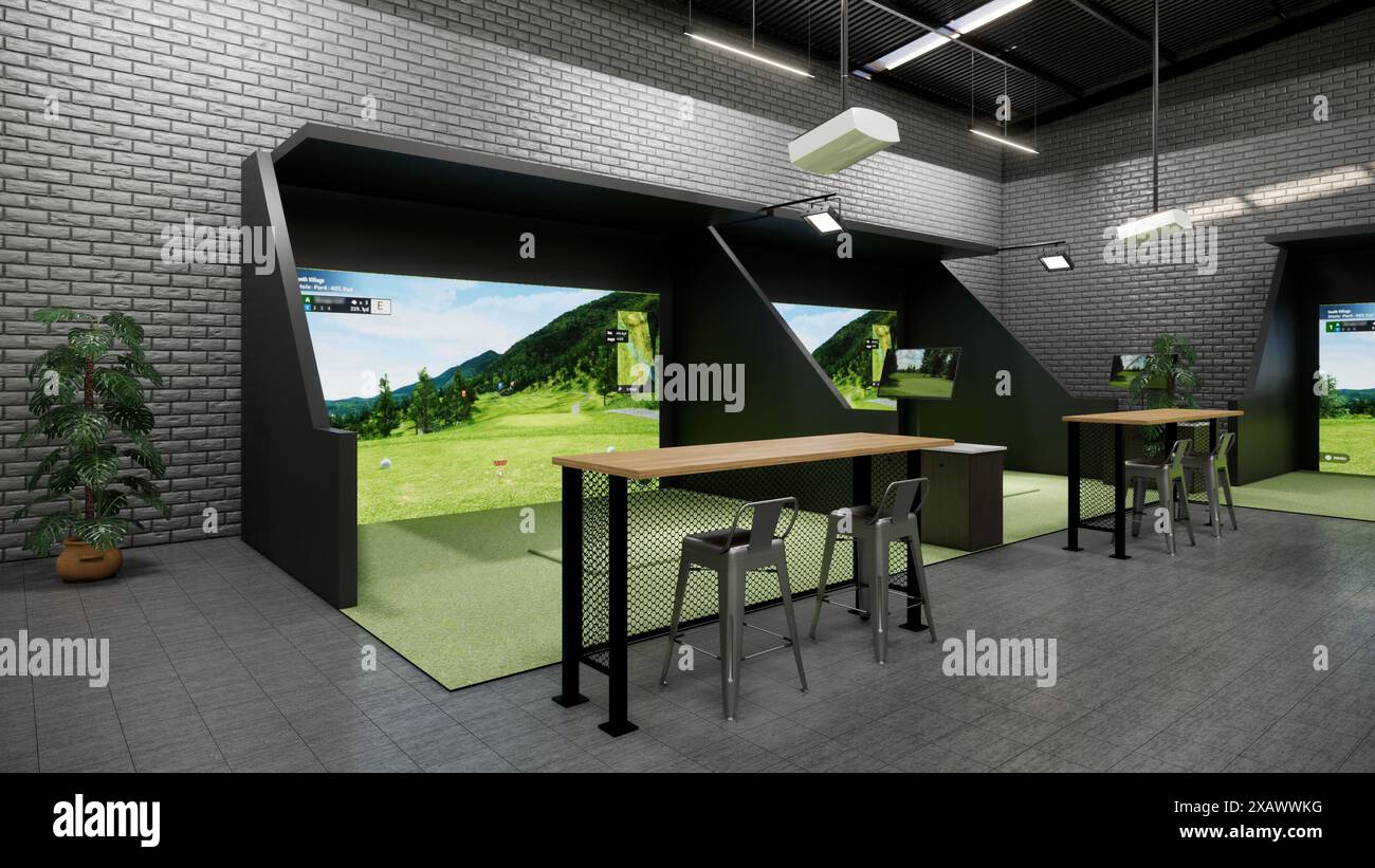 rendering di un moderno simulatore di golf al coperto con schermo di proiezione, stazione di battuta e area salotto Foto Stock