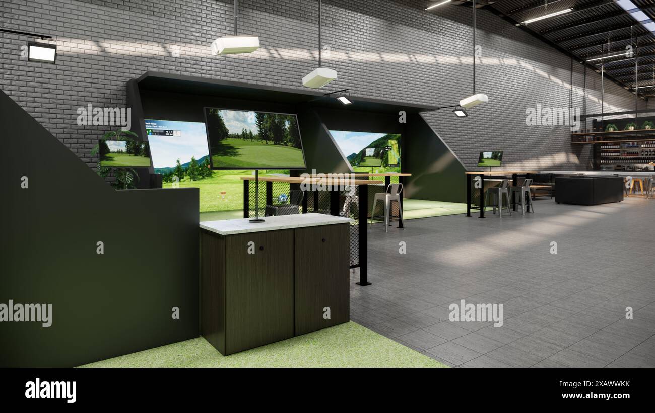 rendering di un moderno simulatore di golf al coperto con stazione di battuta, schermo di proiezione e area salotto Foto Stock