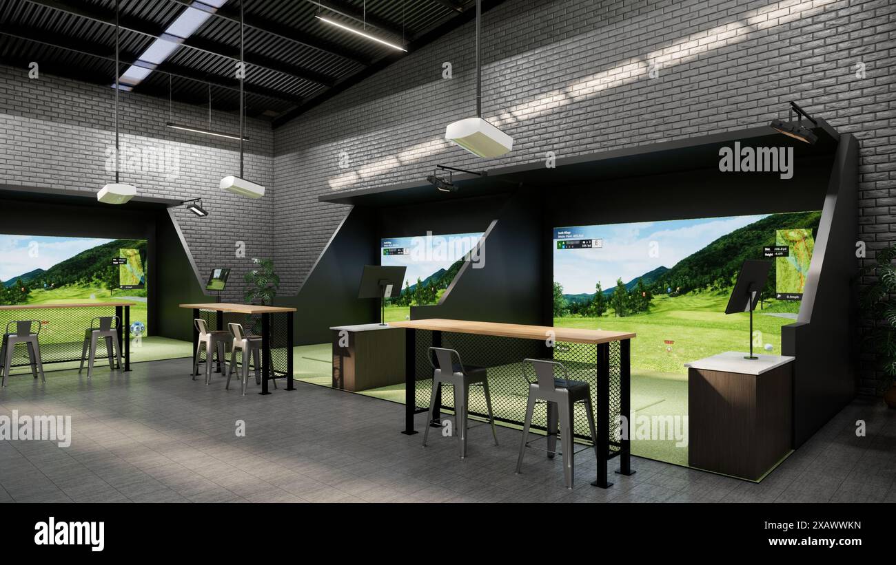 rendering di un moderno simulatore di golf al coperto con stazione di battuta, schermo di proiezione e area salotto Foto Stock