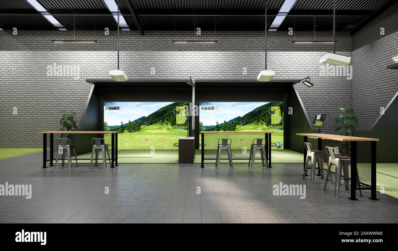 rendering di un moderno simulatore di golf al coperto con stazione di battuta, schermo di proiezione e area salotto Foto Stock