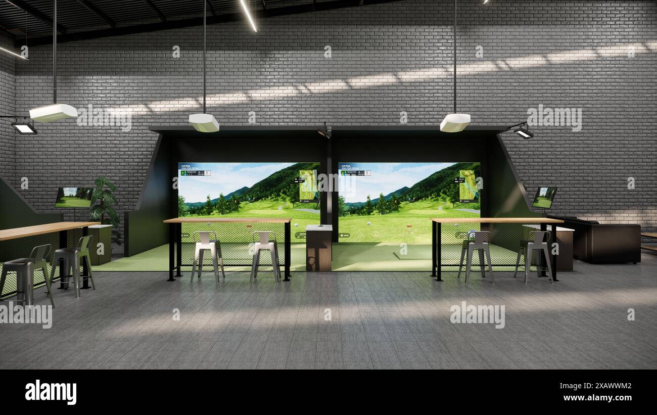 rendering di un moderno simulatore di golf al coperto con stazione di battuta, schermo di proiezione e area salotto Foto Stock