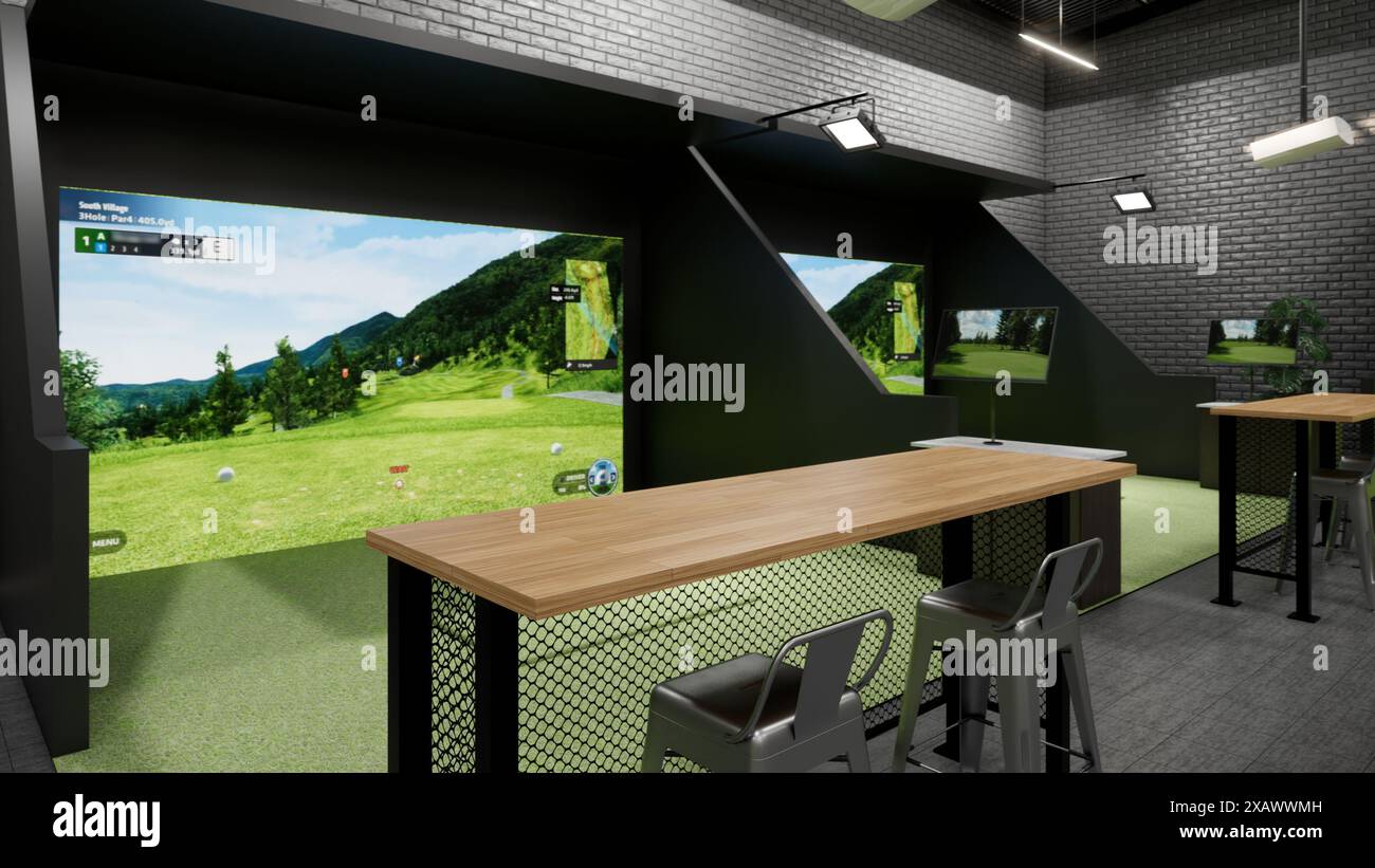 rendering di un moderno simulatore di golf al coperto con stazione di battuta, schermo di proiezione e area salotto Foto Stock