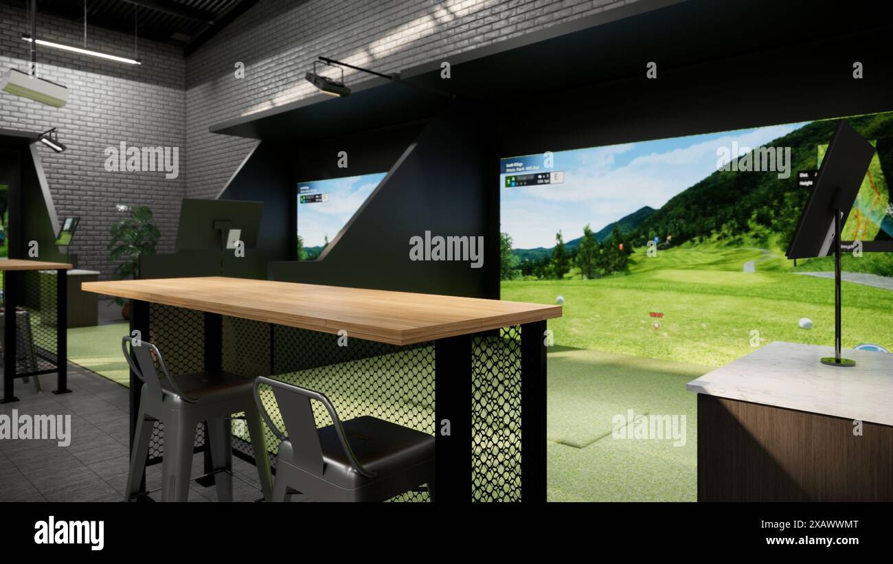 rendering di un moderno simulatore di golf al coperto con stazione di battuta, schermo di proiezione e area salotto Foto Stock