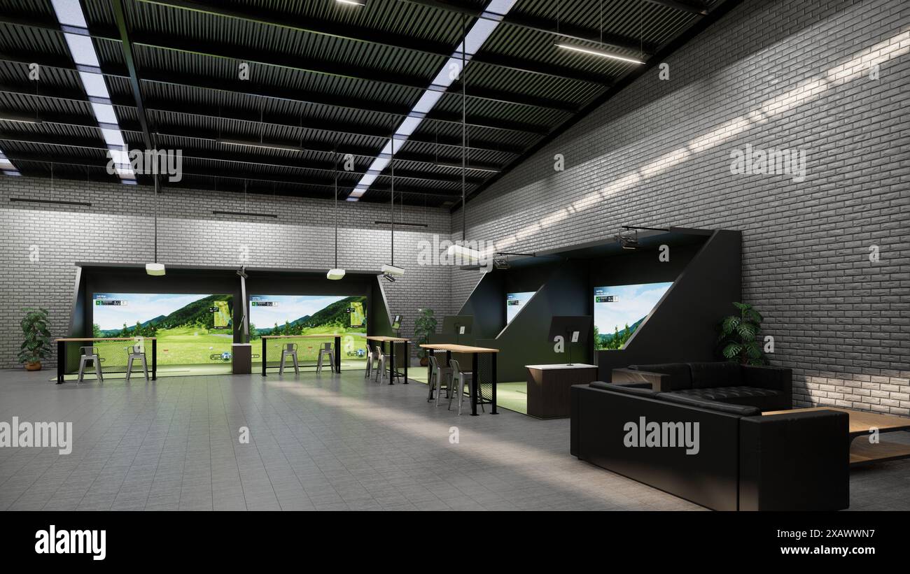 rendering di un moderno simulatore di golf al coperto con schermo di proiezione, stazione di battuta e area salotto Foto Stock