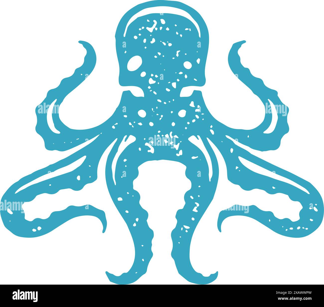 Polpo disegnato a mano con tentacoli minimalista oceano vita subacquea creatura logo blu grunge texture illustrazione vettoriale. Molluschi monocromi di pericolo de Illustrazione Vettoriale