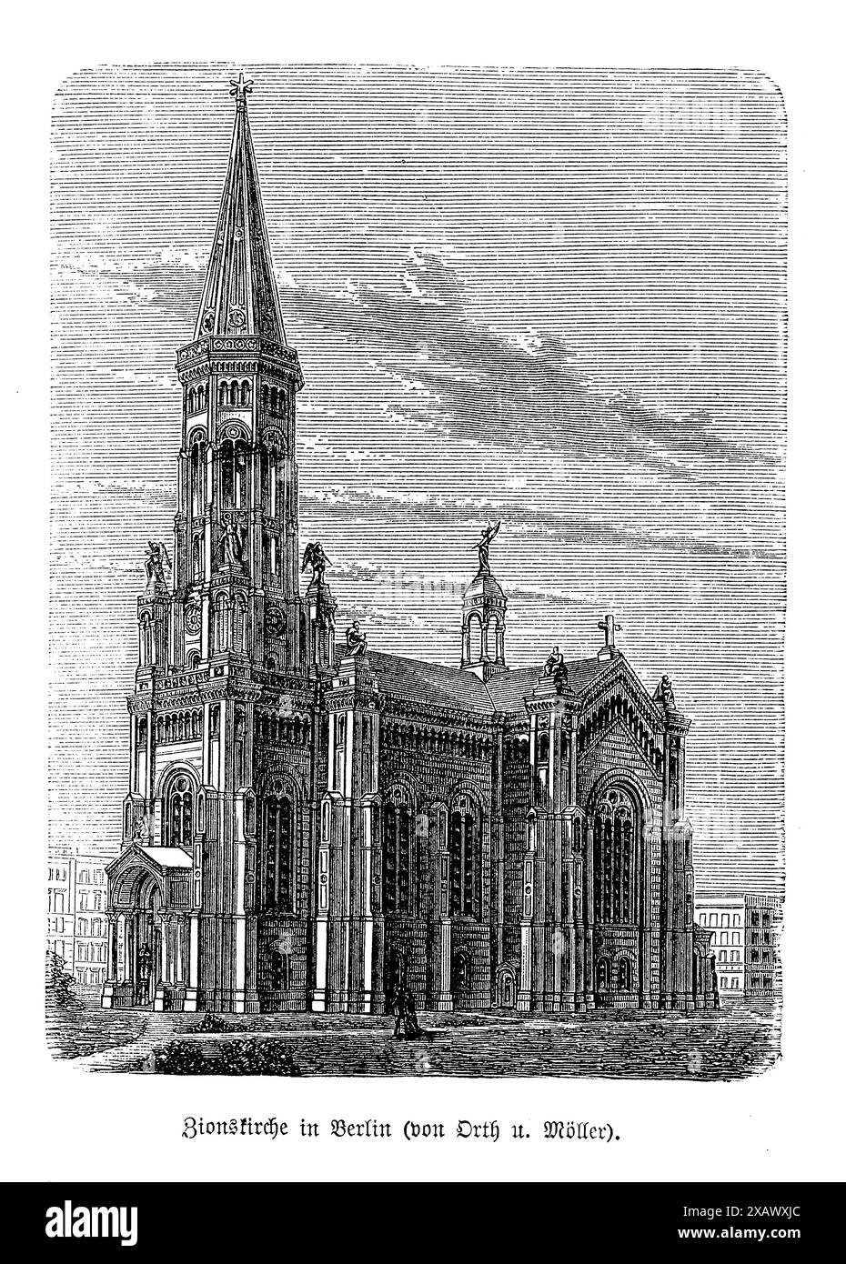 L'incisione Zionskirche (Berlino) cattura la bellezza architettonica e il significato storico di questa famosa chiesa, progettata da August Orth. L'opera d'arte mostra l'impressionante stile neogotico della chiesa, con le sue guglie svettanti, intricate incisioni in pietra e l'impressionante facciata. La descrizione dettagliata mette in risalto la grandezza dell'esterno della chiesa, compresi gli archi a punta e gli elaborati elementi decorativi. Questa incisione riflette il ruolo della Zionskirche come un importante punto di riferimento religioso e culturale a Berlino, incarnando il ricco patrimonio architettonico e la storia spirituale della città Foto Stock