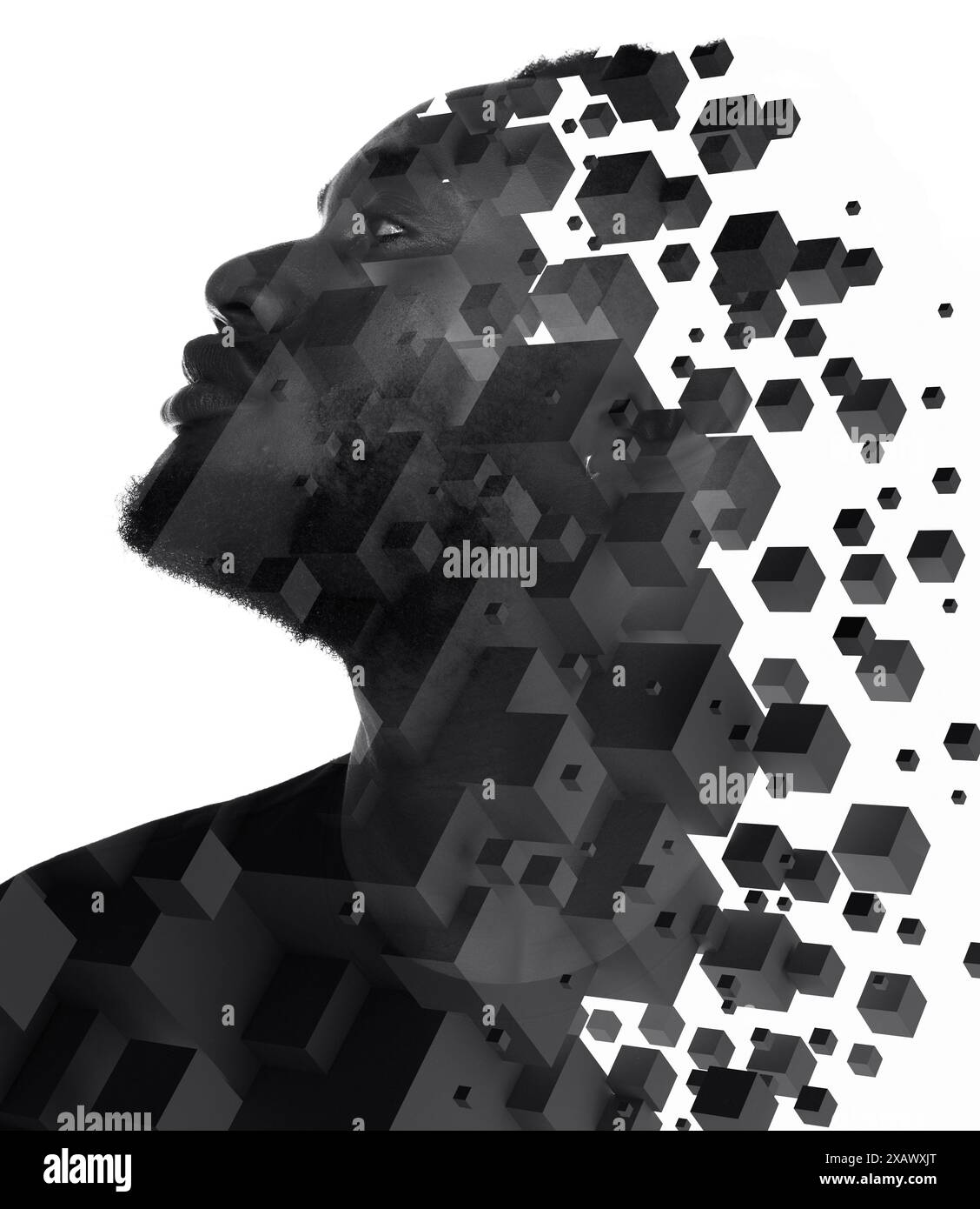 Un cubo 3D a doppia esposizione mostra il ritratto di un giovane che guarda in alto Foto Stock