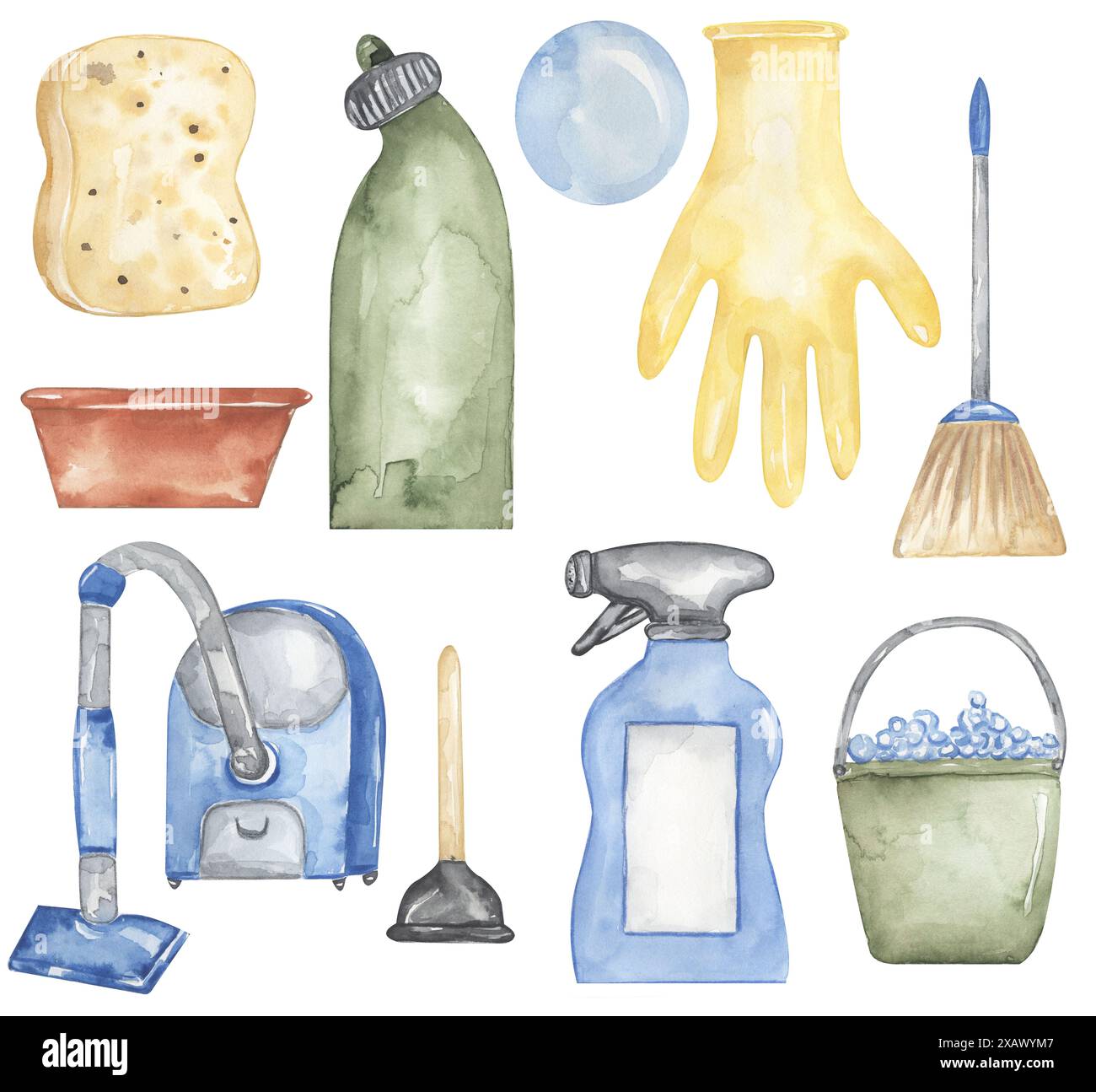 Illustrazione degli strumenti per la pulizia dell'acquerello, aspirapolvere, scopa, secchio con bolle, spugna, guanto, flacone detergente, set clip stantuffo Foto Stock