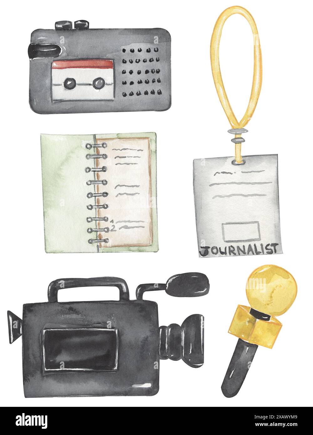 Illustrazione degli strumenti per giornalisti di acquerello, clipart della fotocamera, dicktophone, clip art mickrophone, badge, set di appunti per notebook Foto Stock